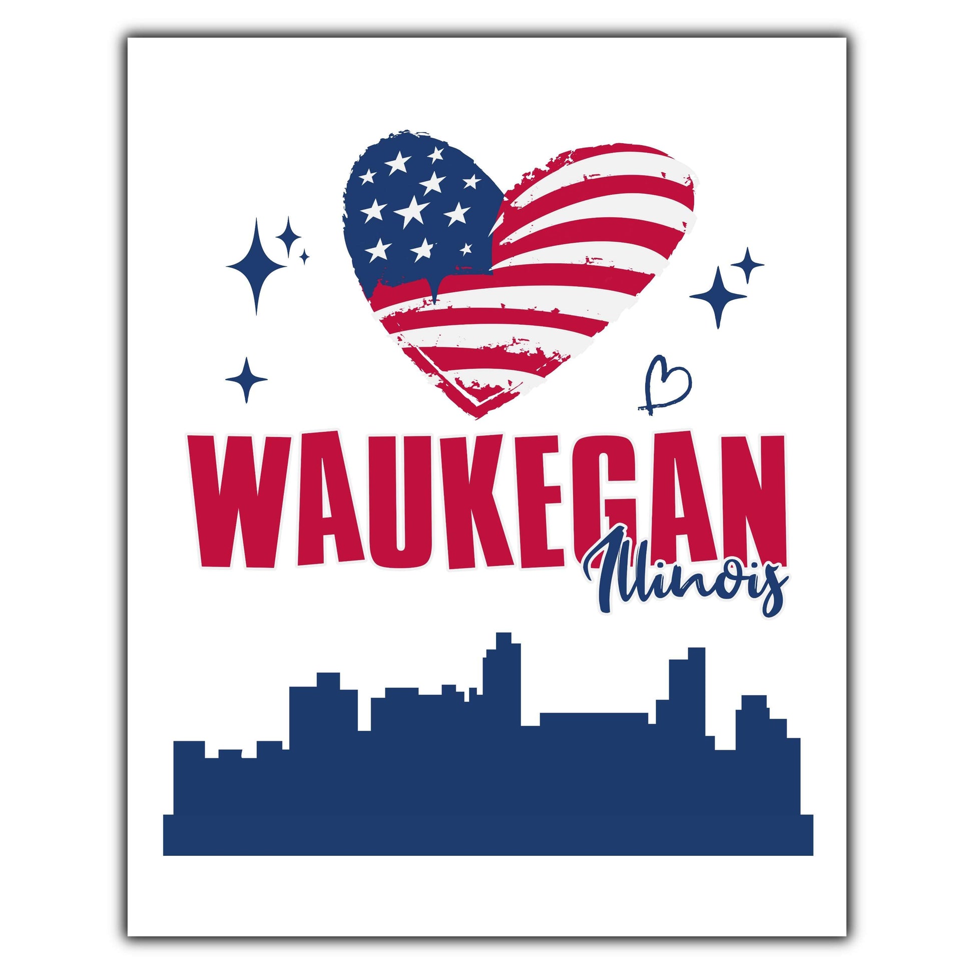 Waukegan Illinois Skyline American Flag Heart 4th of July 8"x10" Wall Art Print