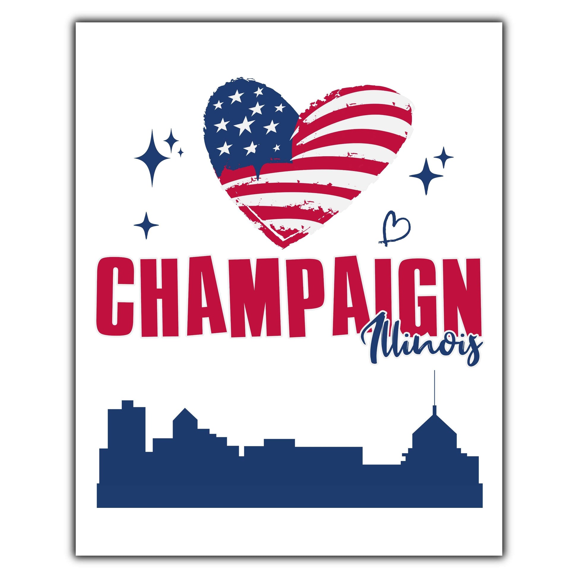 Champaign Illinois Skyline American Flag Heart 4th of July 8"x10" Wall Art Print