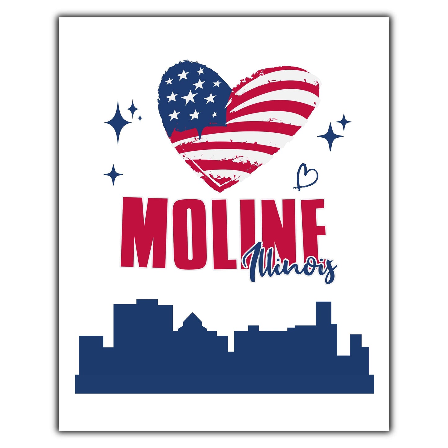 Moline Illinois Skyline American Flag Heart 4th of July 8"x10" Wall Art Print