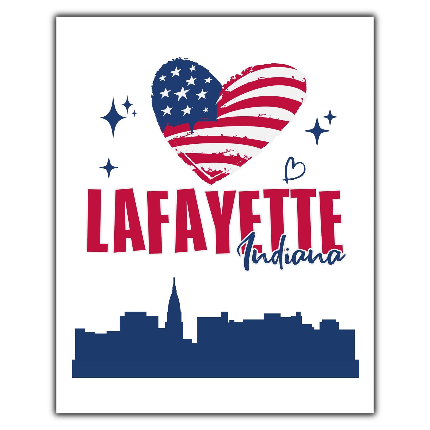 Lafayette Indiana Skyline American Flag Heart 4th of July 8"x10" Wall Art Print