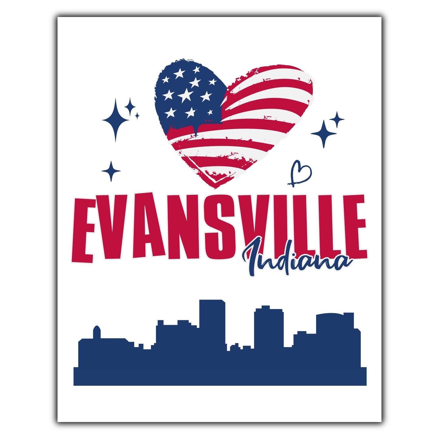 Evansville Indiana Skyline American Flag Heart 4th of July 8"x10" Wall Art Print