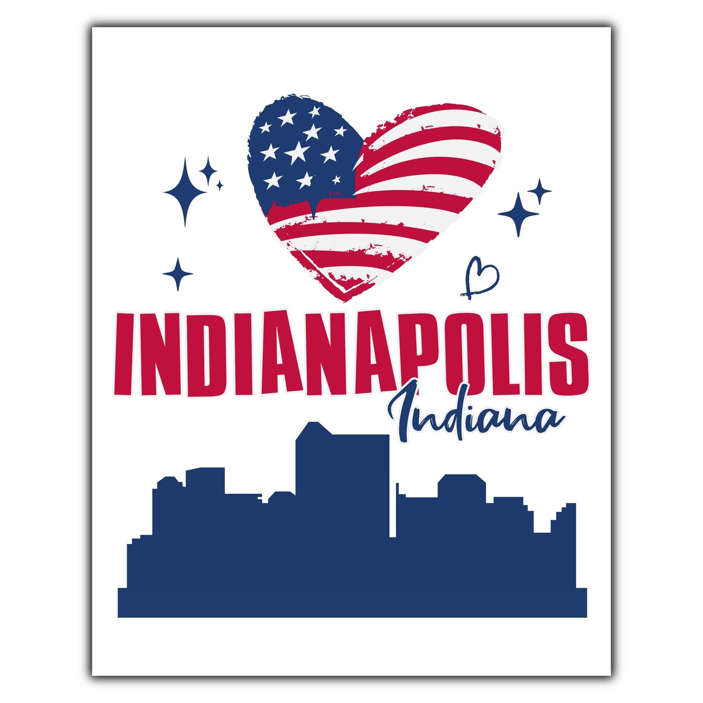 Indianapolis Indiana Skyline American Flag Heart 4th of July 8"x10" Wall Art Print