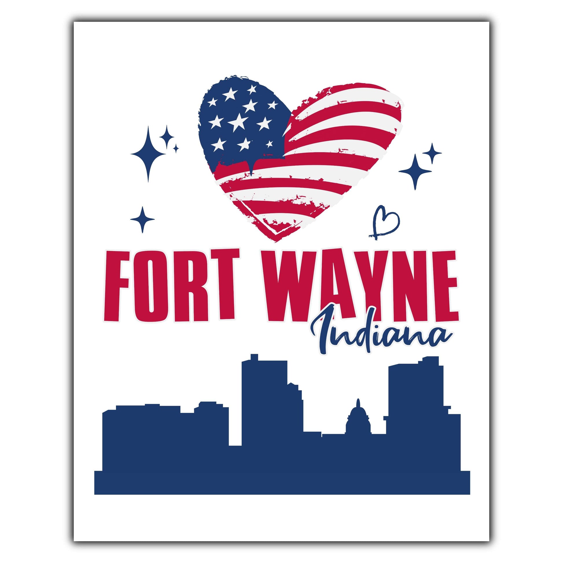 Fort Wayne Indiana Skyline American Flag Heart 4th of July 8"x10" Wall Art Print