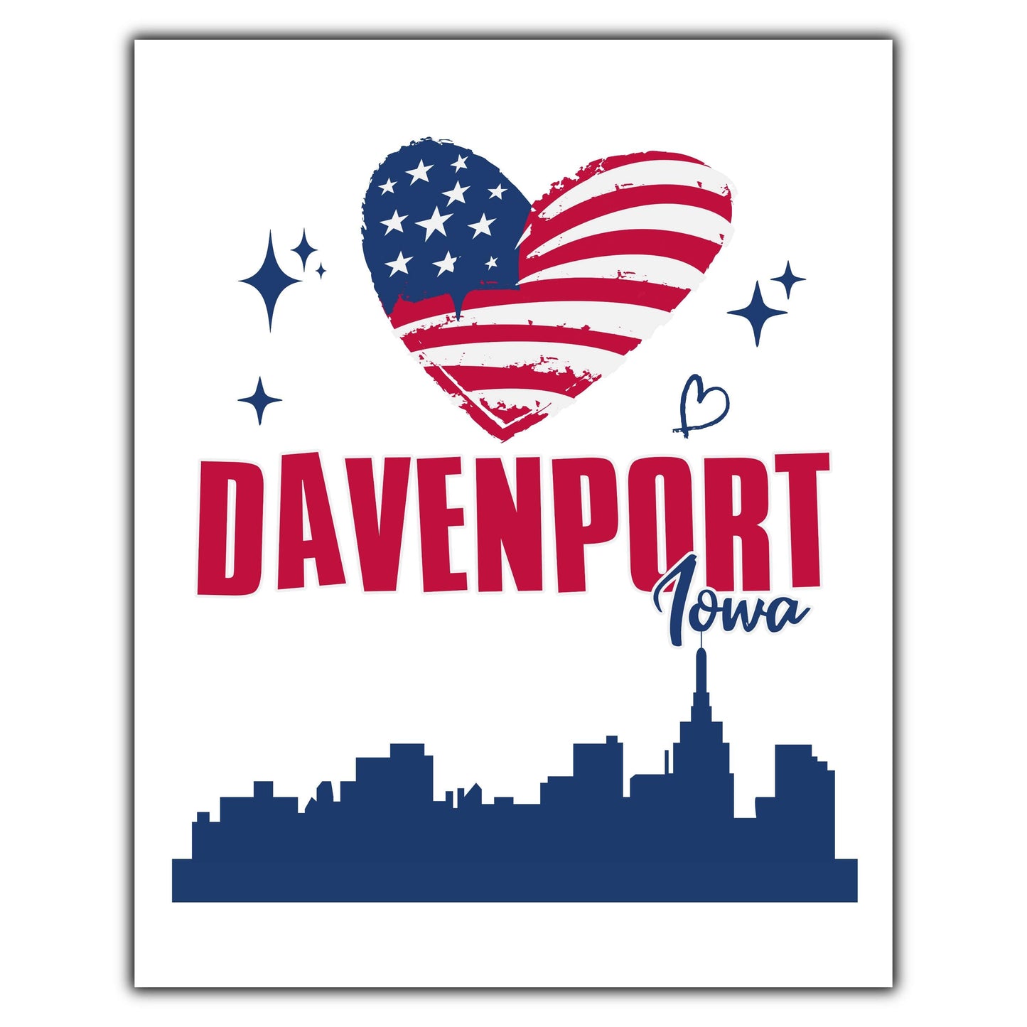 Davenport Iowa Skyline American Flag Heart 4th of July 8"x10" Wall Art Print