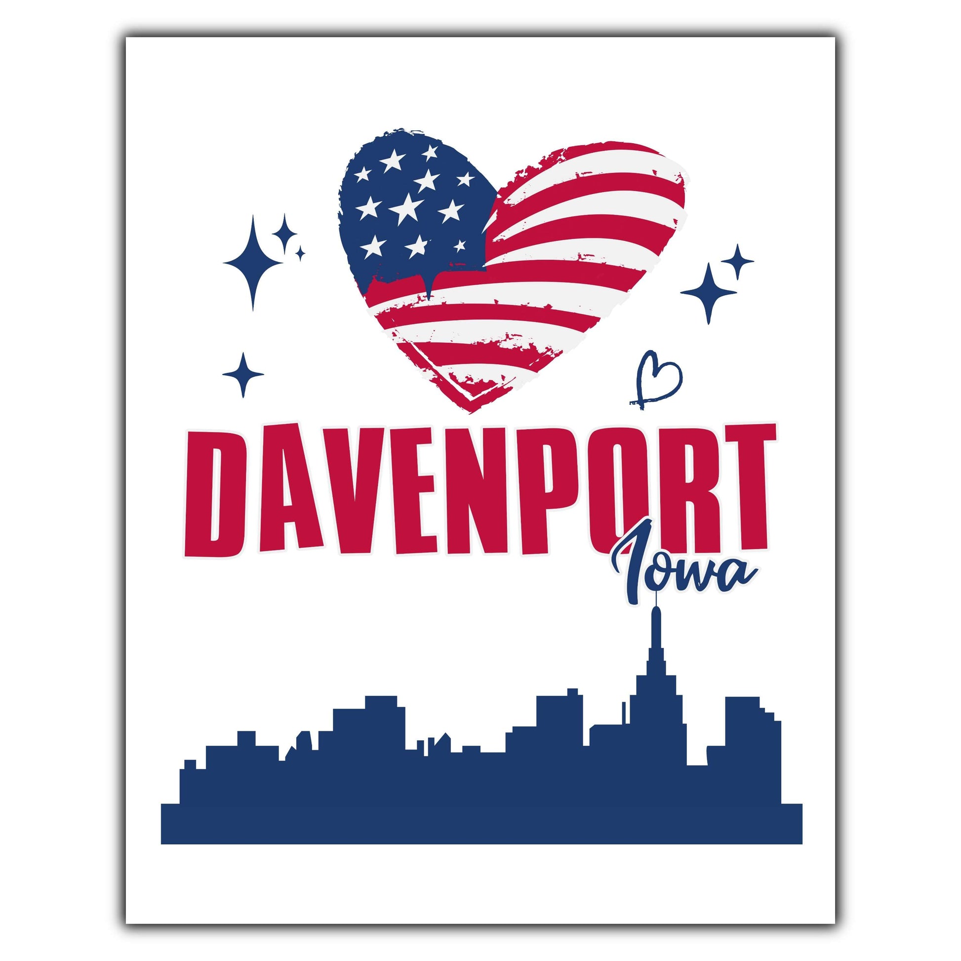 Davenport Iowa Skyline American Flag Heart 4th of July 8"x10" Wall Art Print