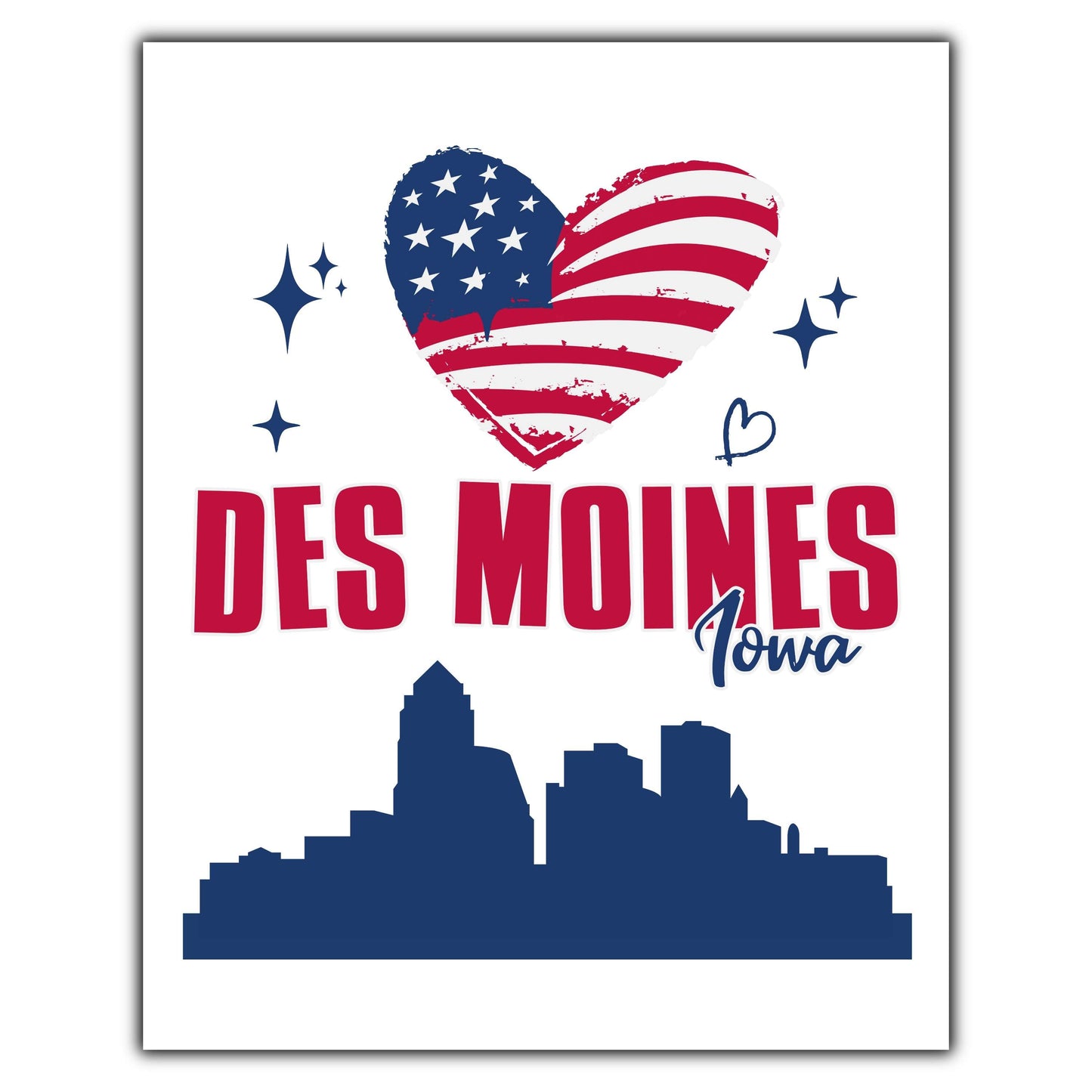 Des Moines Iowa Skyline American Flag Heart 4th of July 8"x10" Wall Art Print