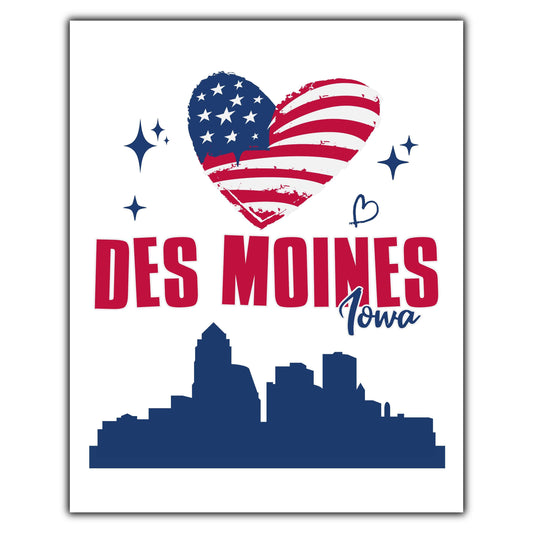 Des Moines Iowa Skyline American Flag Heart 4th of July 8"x10" Wall Art Print