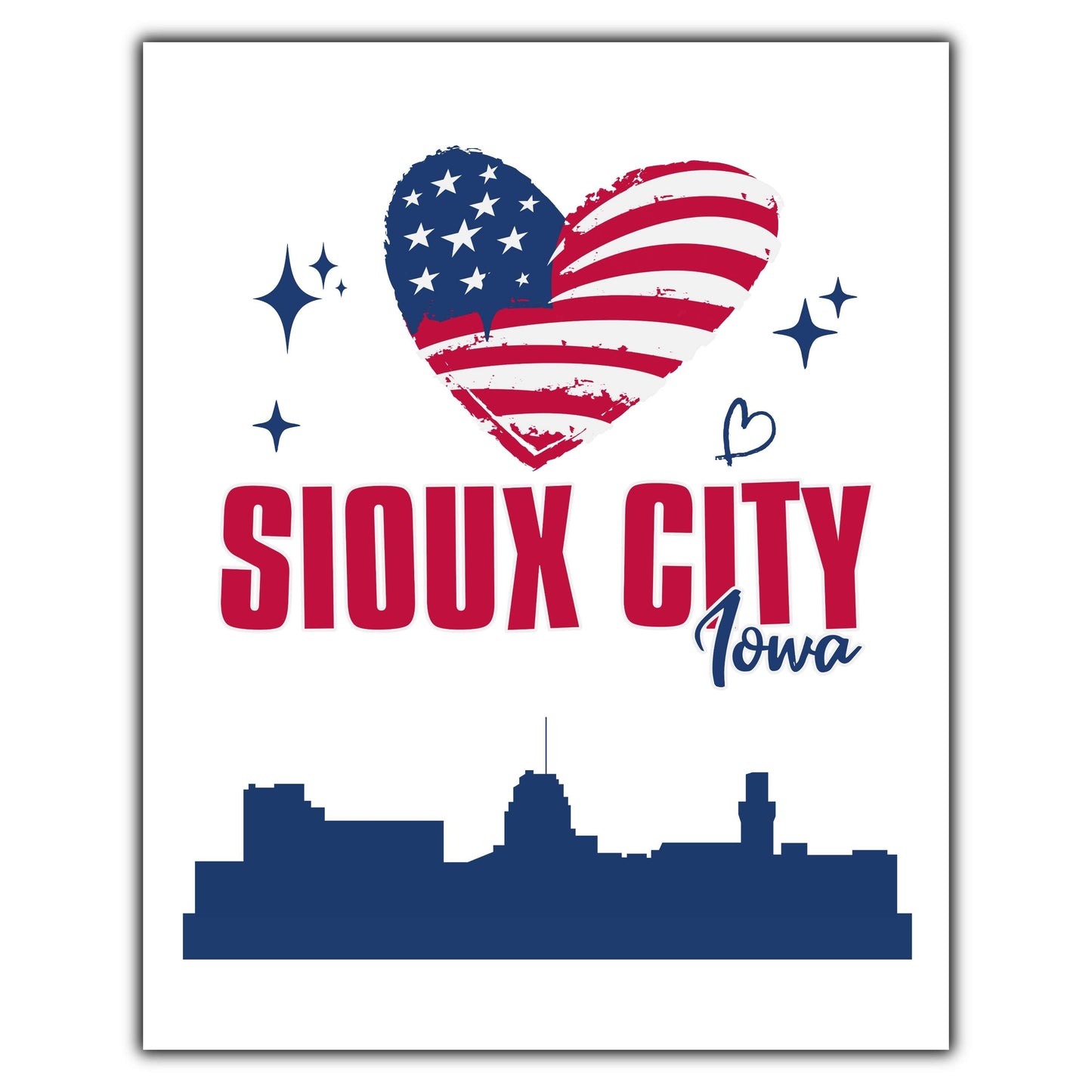 Sioux City Iowa Skyline American Flag Heart 4th of July 8"x10" Wall Art Print