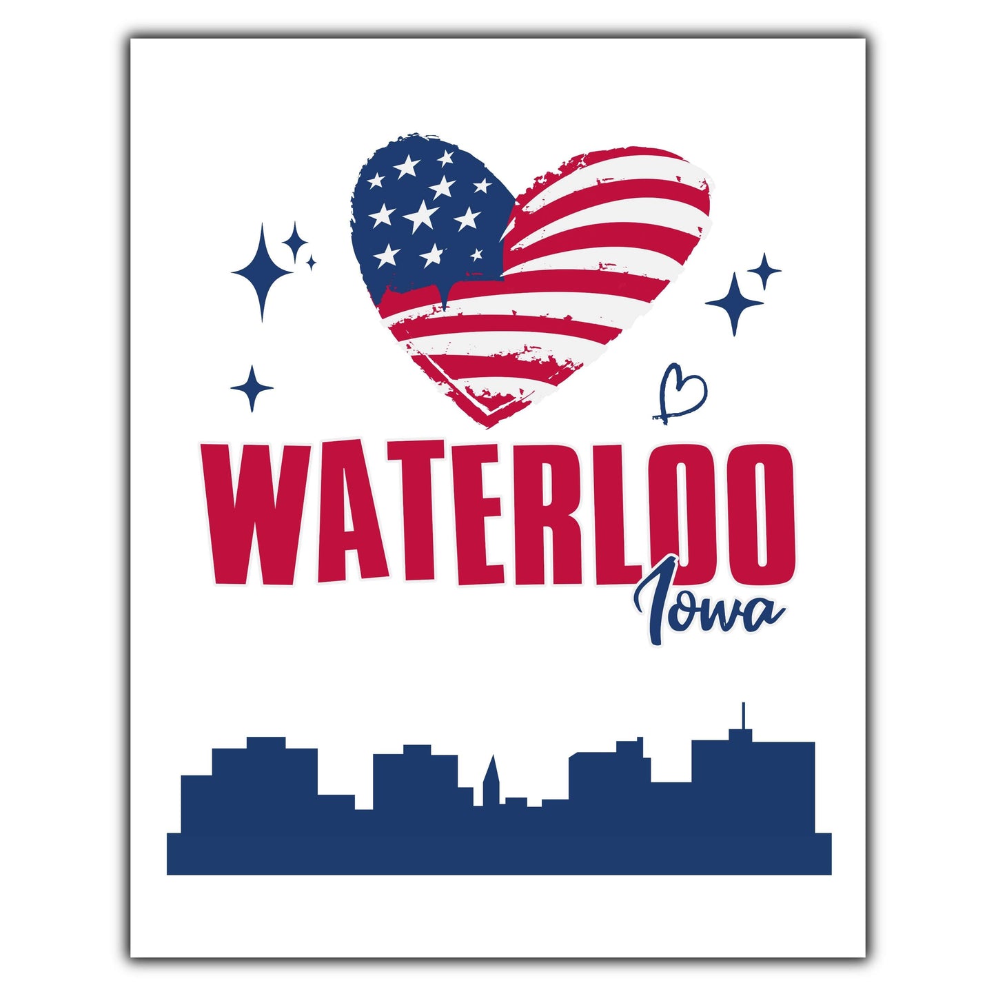 Waterloo Iowa Skyline American Flag Heart 4th of July 8"x10" Wall Art Print