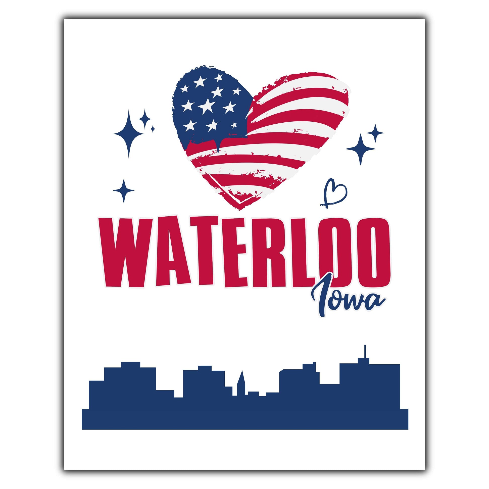 Waterloo Iowa Skyline American Flag Heart 4th of July 8"x10" Wall Art Print