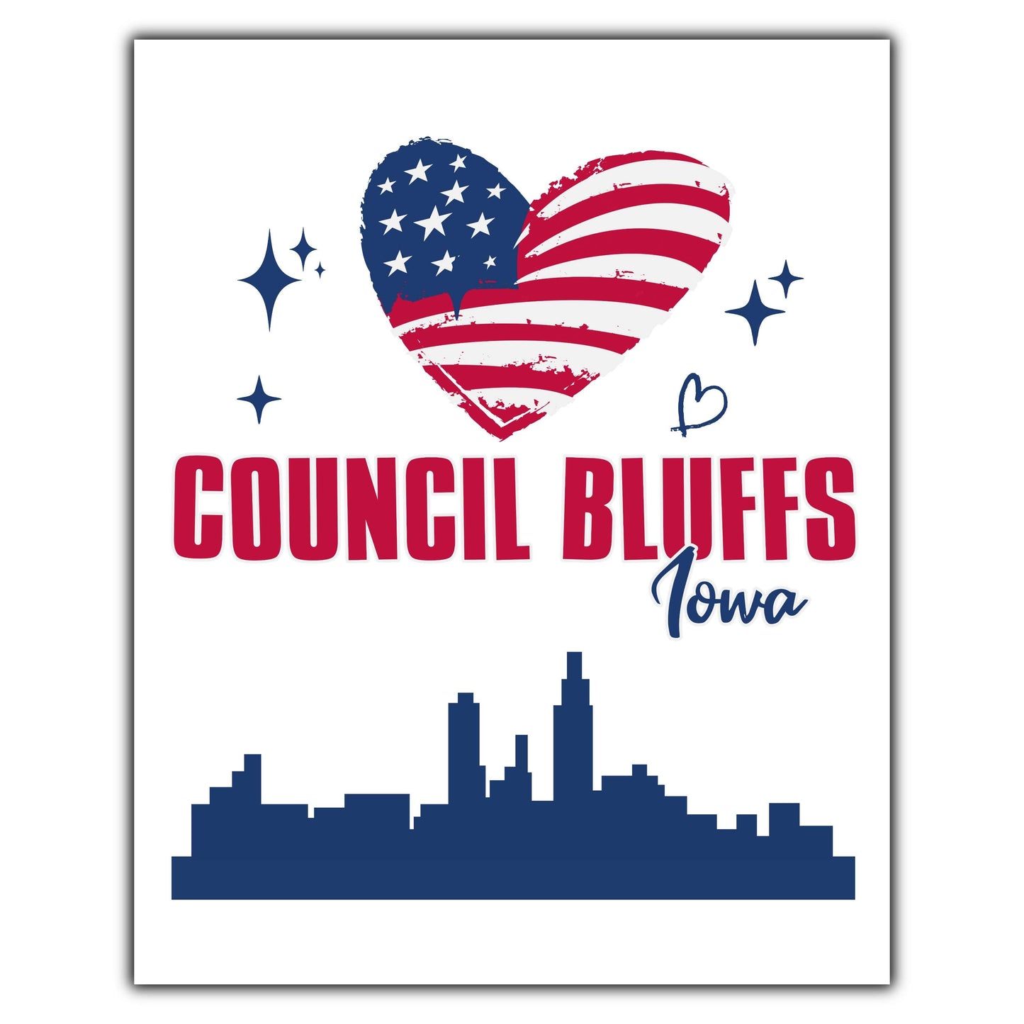 Council Bluffs Iowa Skyline American Flag Heart 4th of July 8"x10" Wall Art Print