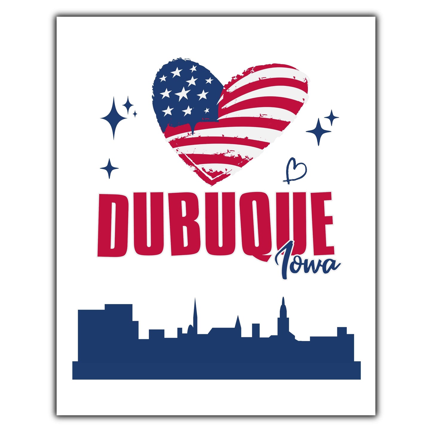 Dubuque Iowa Skyline American Flag Heart 4th of July 8"x10" Wall Art Print