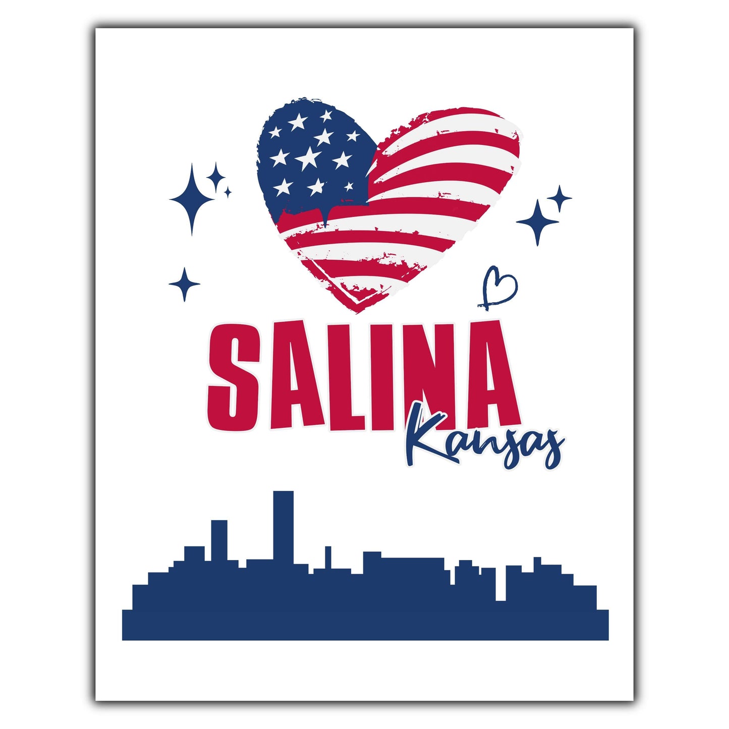 Salina Kansas Skyline American Flag Heart 4th of July 8"x10" Wall Art Print