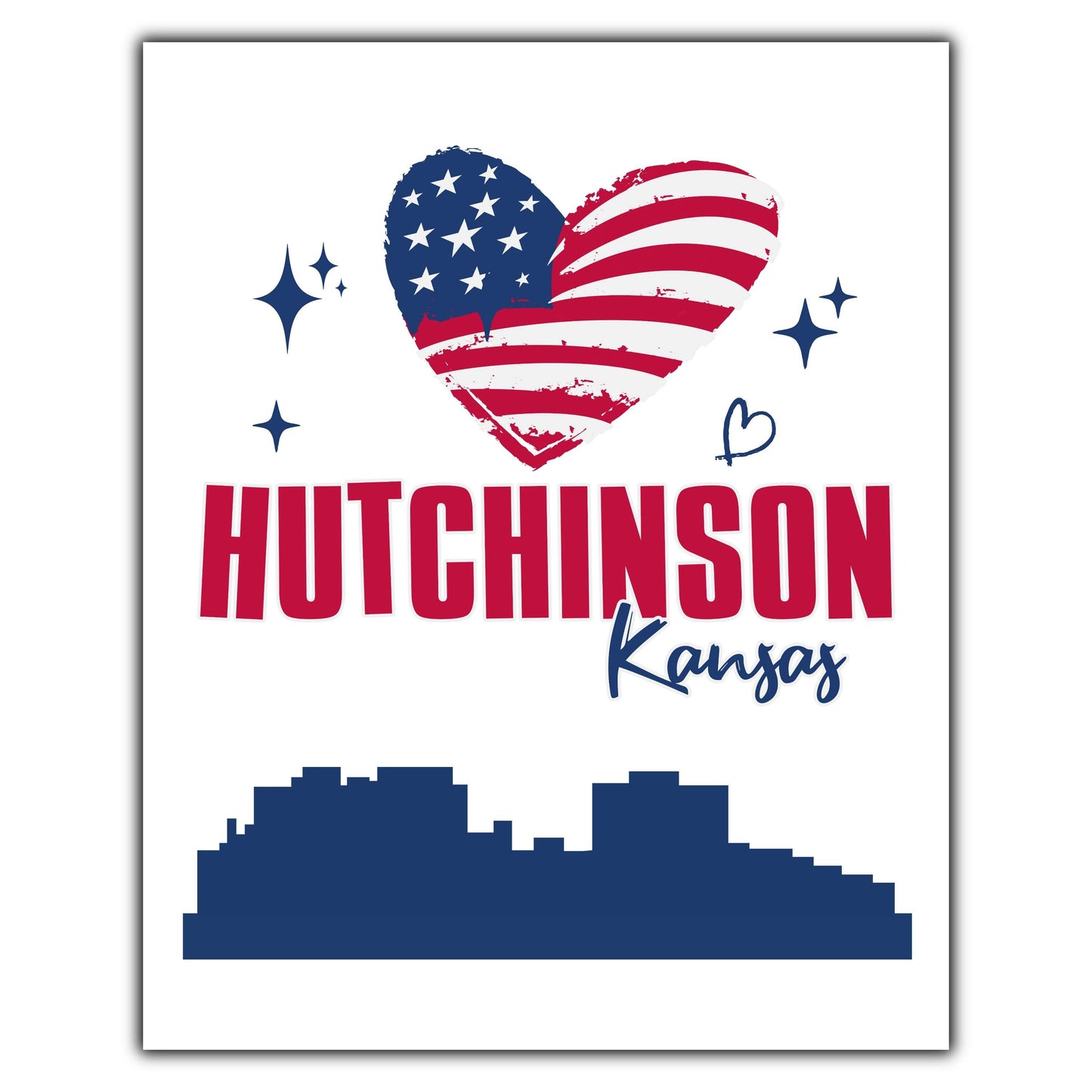Hutchinson Kansas Skyline American Flag Heart 4th of July 8"x10" Wall Art Print
