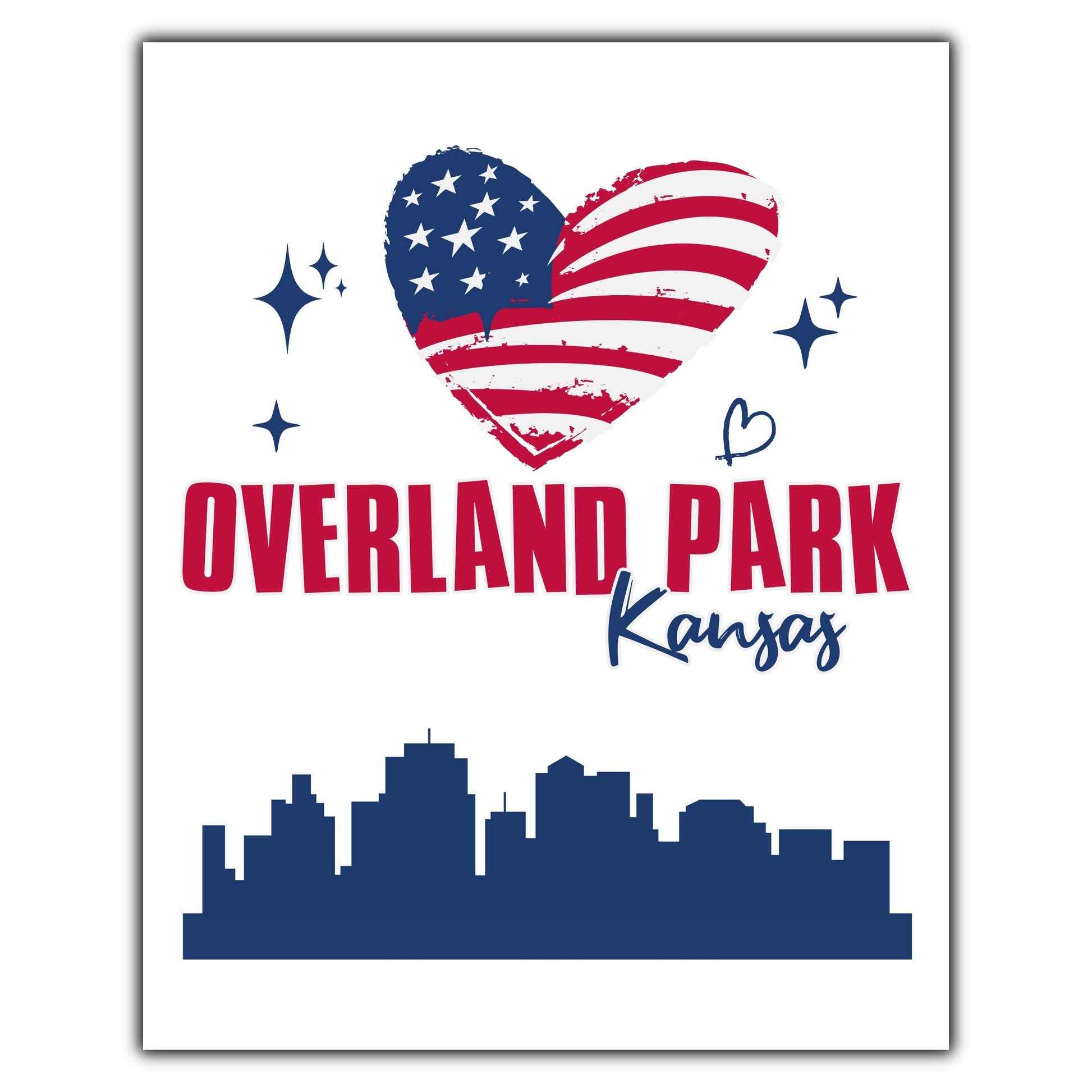 Overland Park Kansas Skyline American Flag Heart 4th of July 8"x10" Wall Art Print