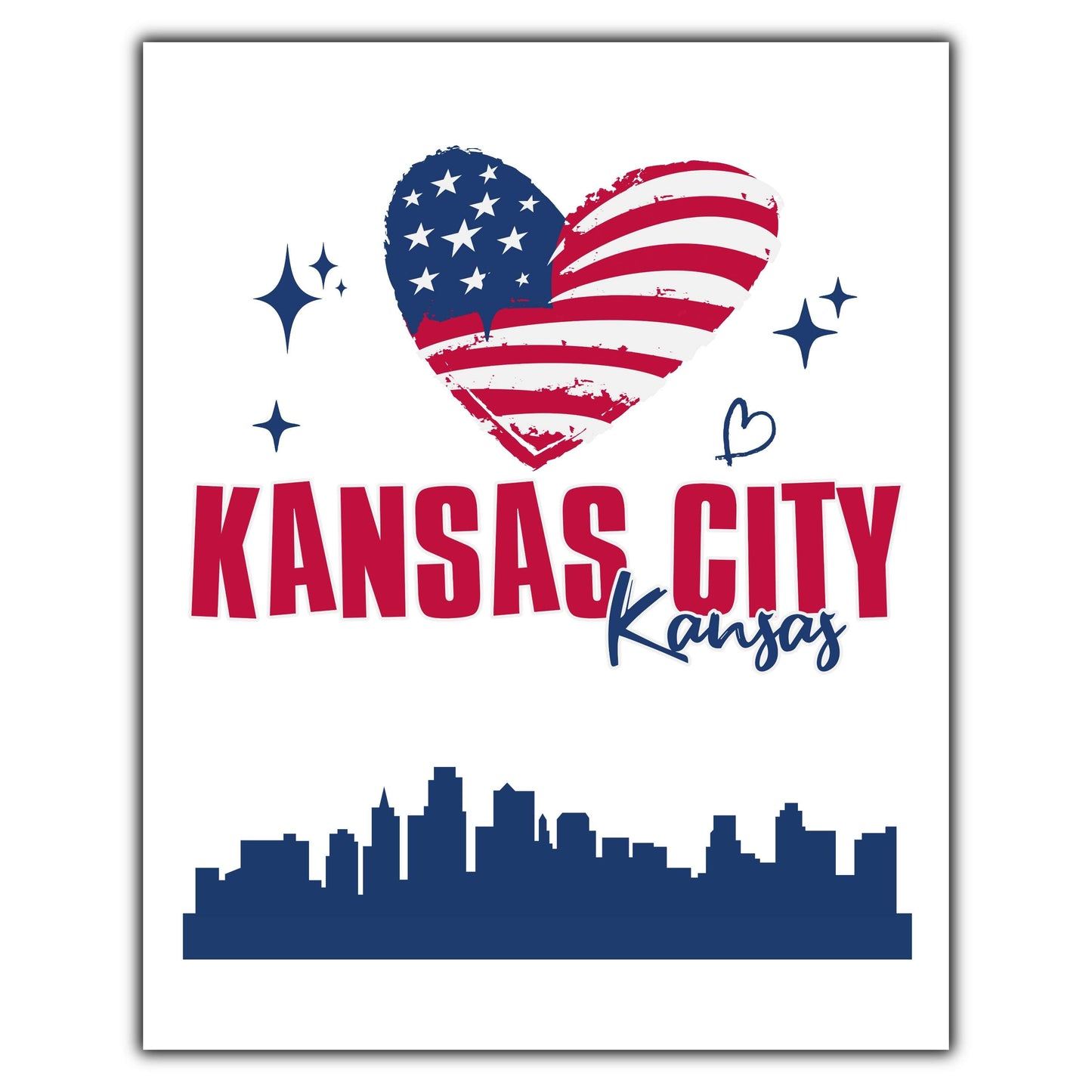 Kansas City Kansas Skyline American Flag Heart 4th of July 8"x10" Wall Art Print