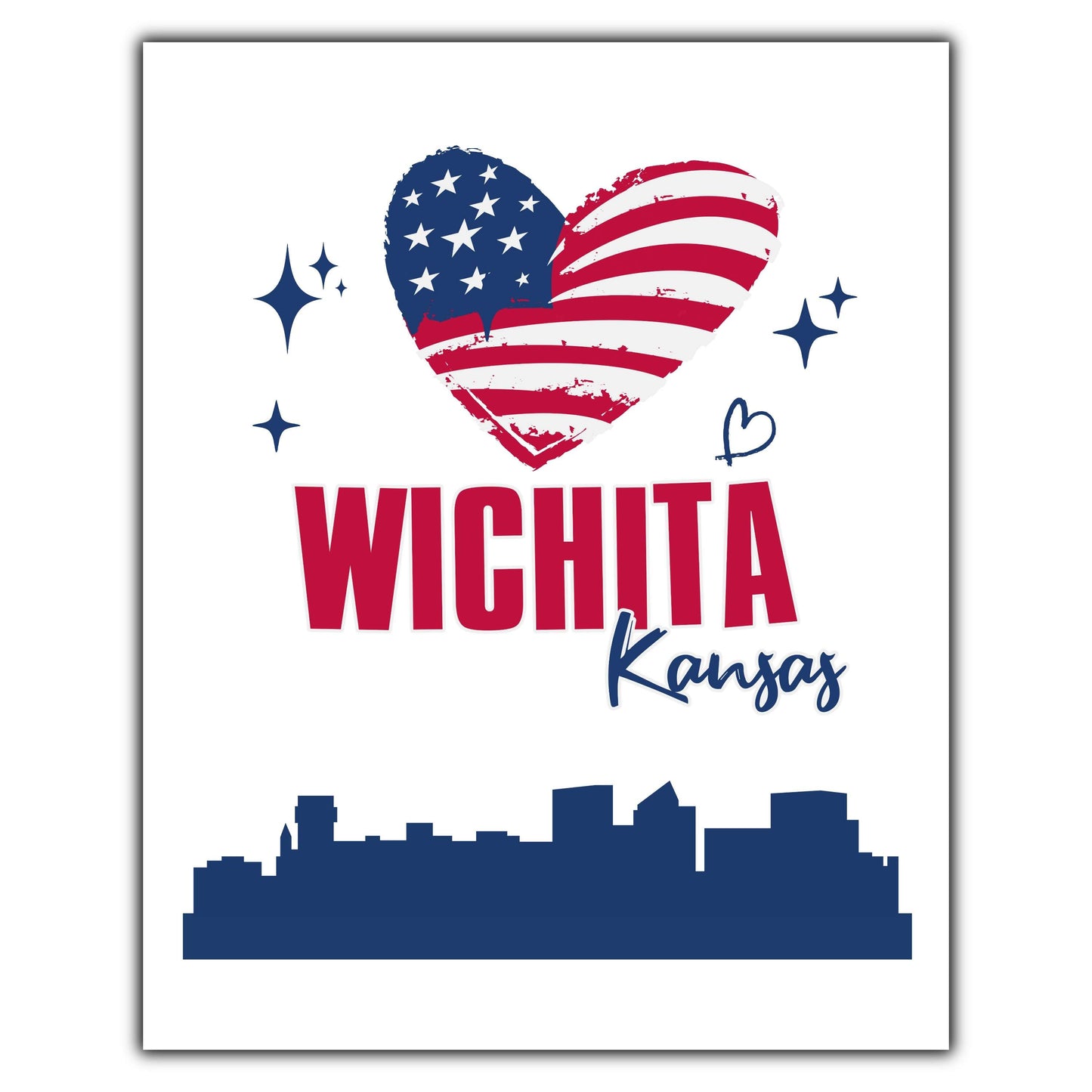 Wichita Kansas Skyline American Flag Heart 4th of July 8"x10" Wall Art Print