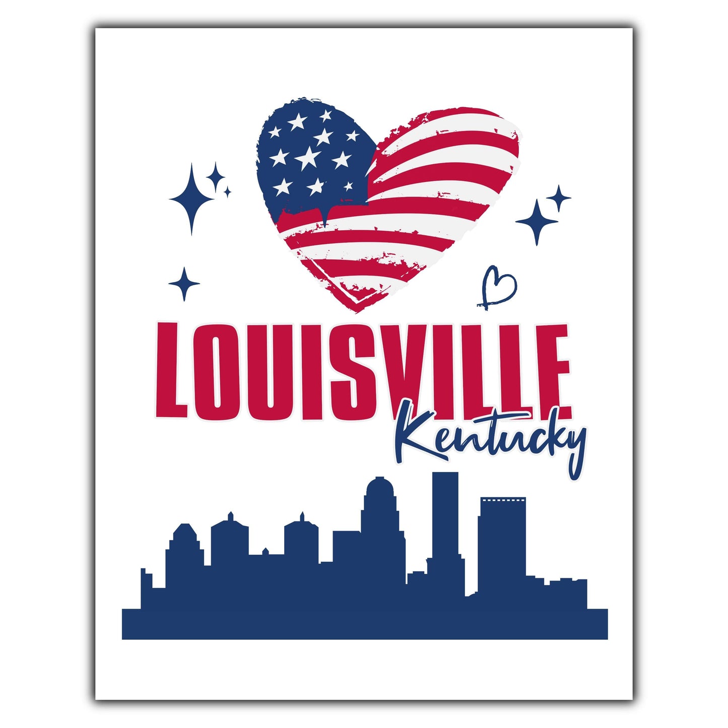 Louisville Kentucky Skyline American Flag Heart 4th of July 8"x10" Wall Art Print