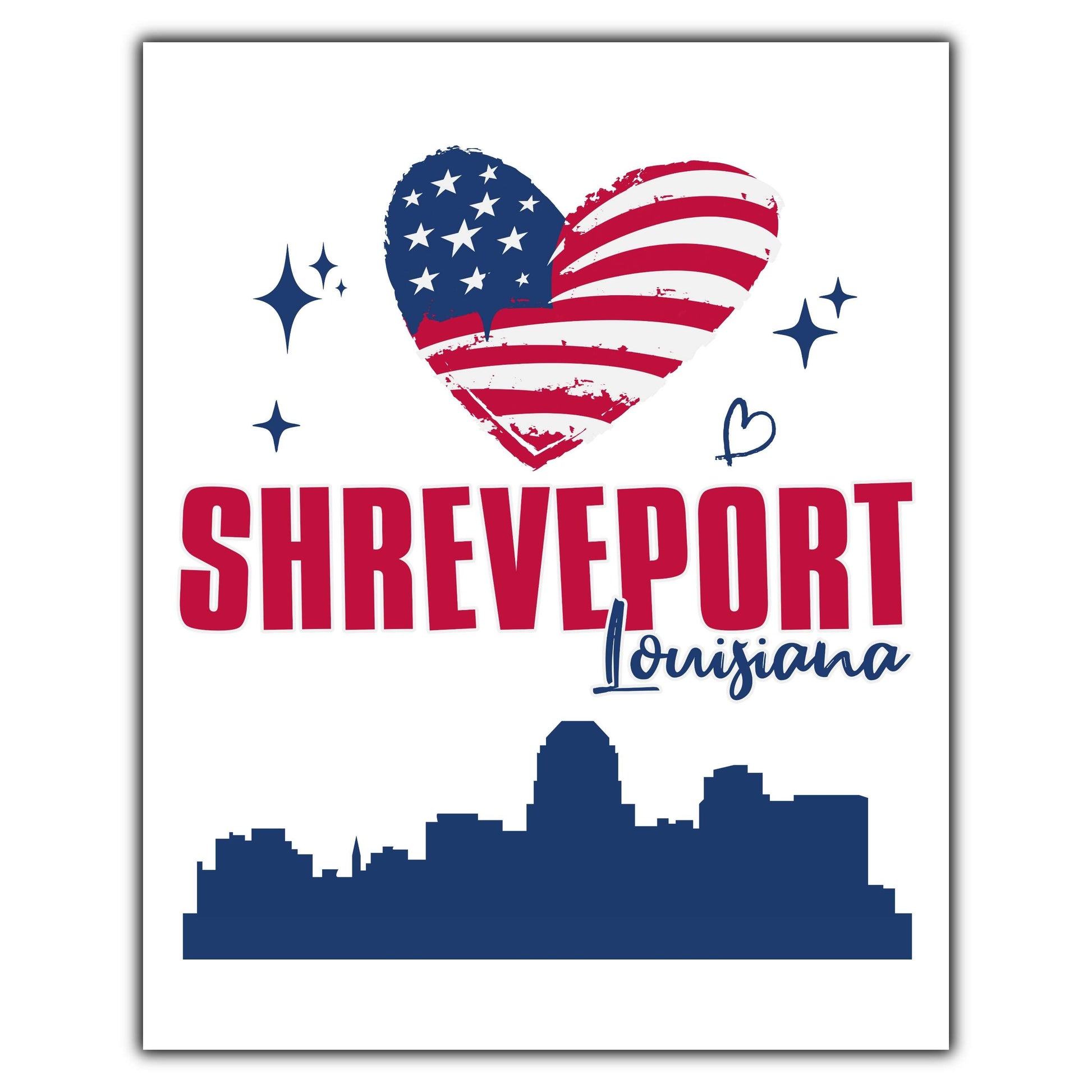 Shreveport Louisiana Skyline American Flag Heart 4th of July 8"x10" Wall Art Print
