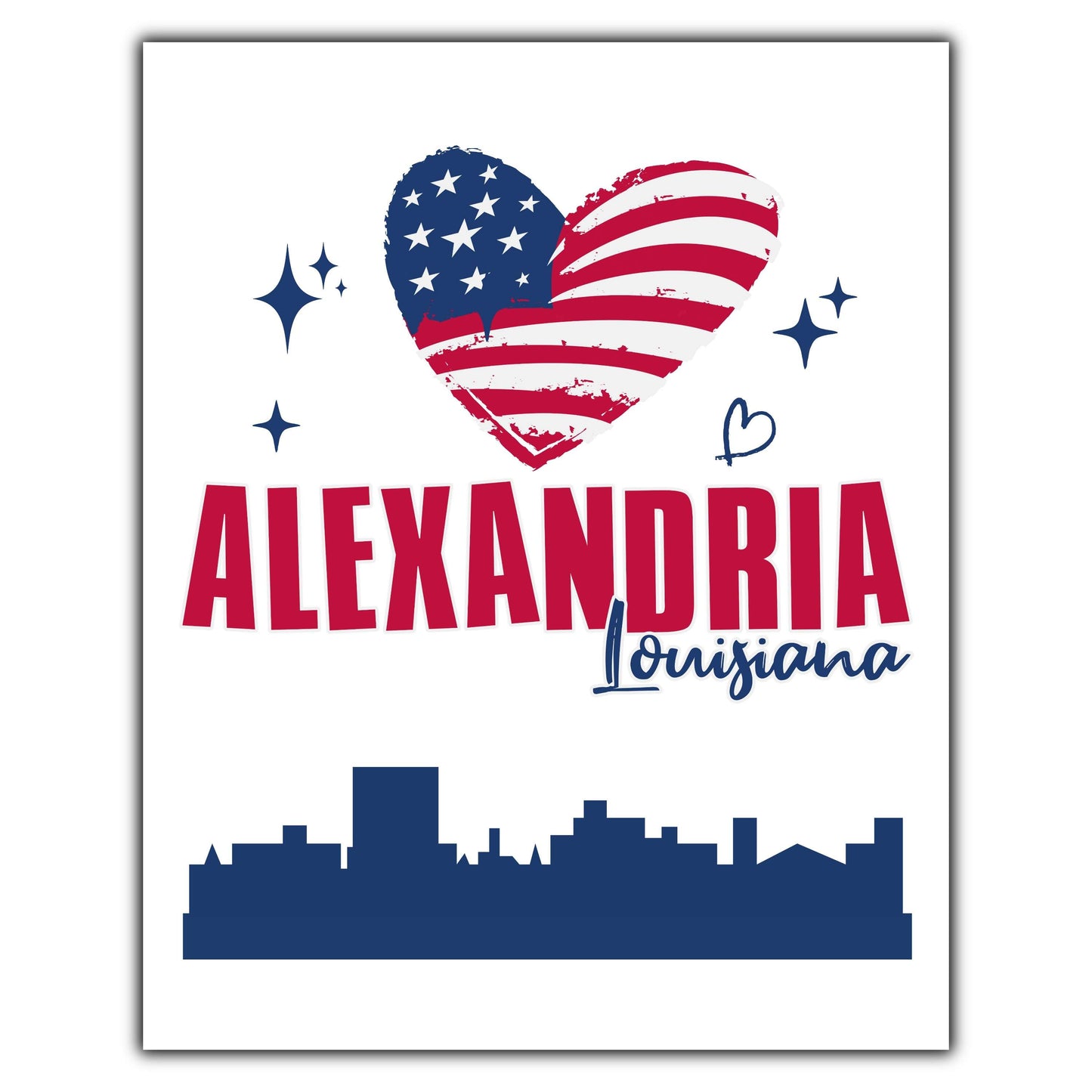Alexandria Louisiana Skyline American Flag Heart 4th of July 8"x10" Wall Art Print