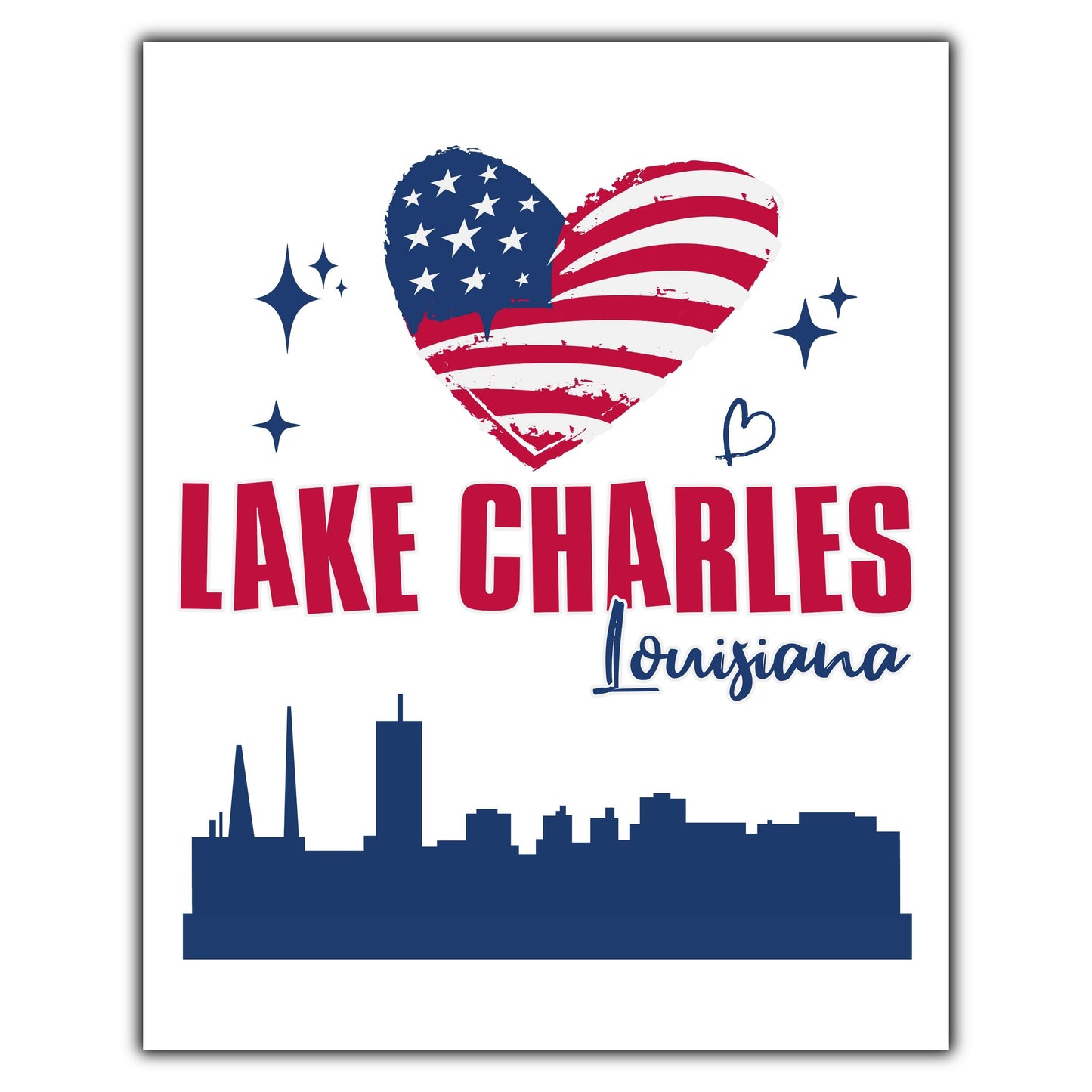 Lake Charles Louisiana Skyline American Flag Heart 4th of July 8"x10" Wall Art Print