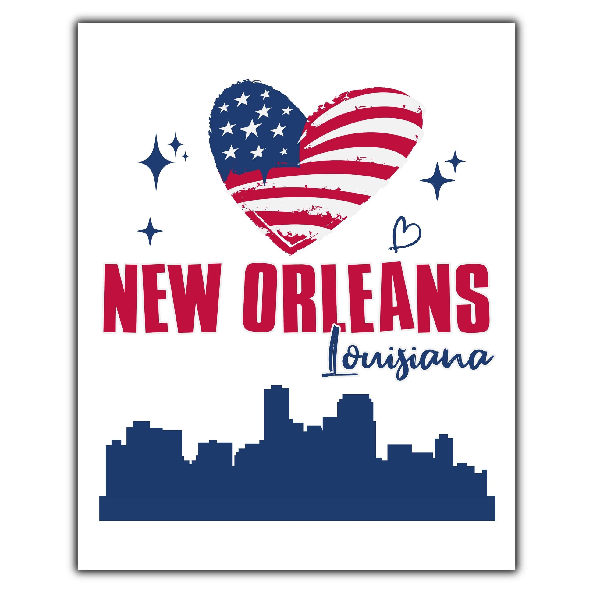 New Orleans Louisiana Skyline American Flag Heart 4th of July 8"x10" Wall Art Print