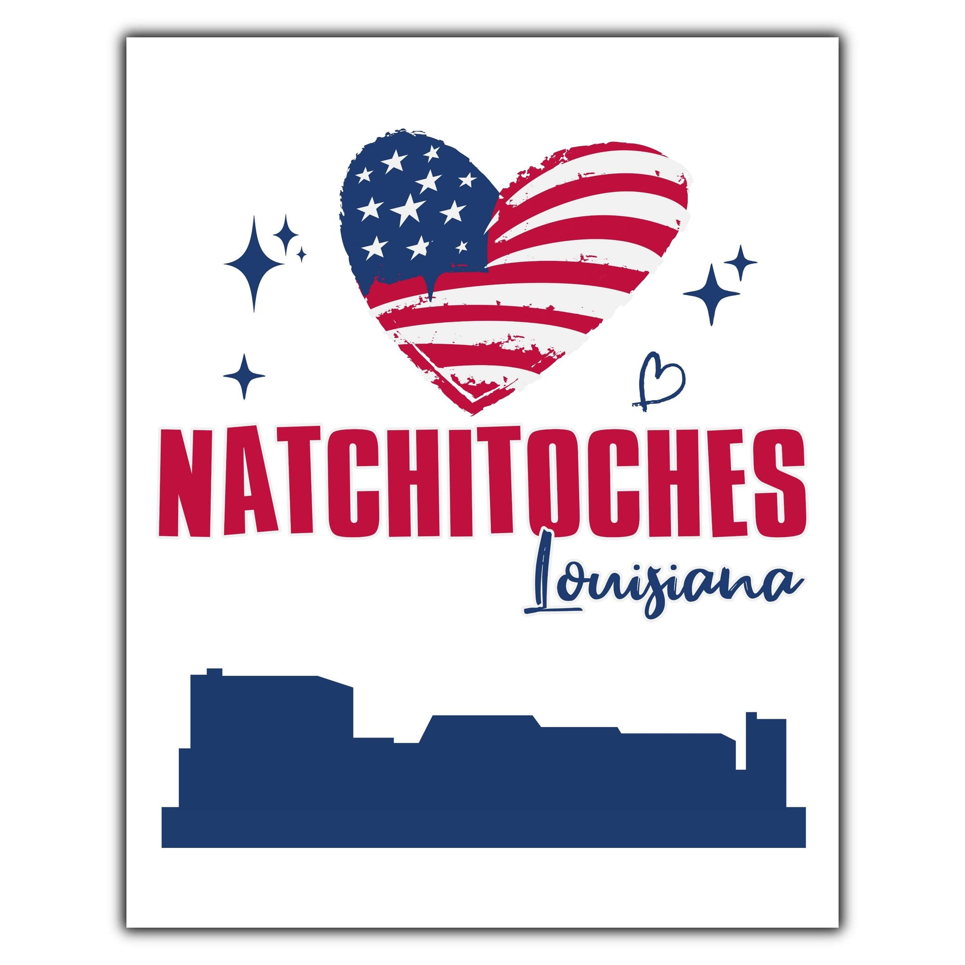 Natchitoches Louisiana Skyline American Flag Heart 4th of July 8"x10" Wall Art Print