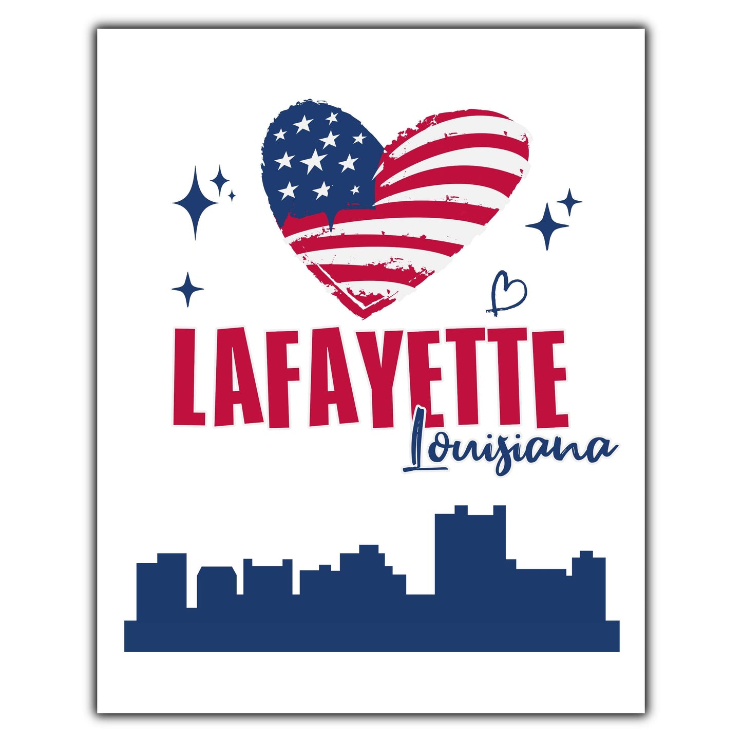 Lafayette Louisiana Skyline American Flag Heart 4th of July 8"x10" Wall Art Print
