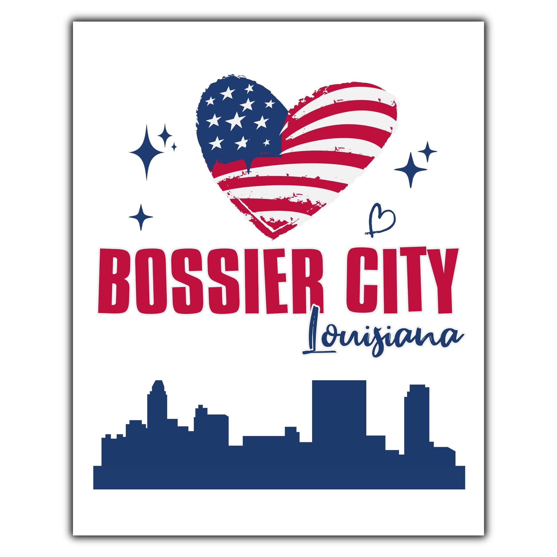 Bossier City Louisiana Skyline American Flag Heart 4th of July 8"x10" Wall Art Print