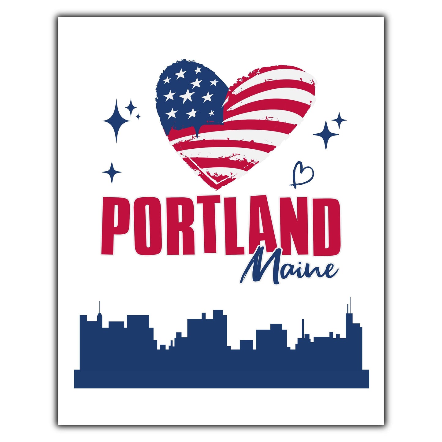 Portland Maine Skyline American Flag Heart 4th of July 8"x10" Wall Art Print