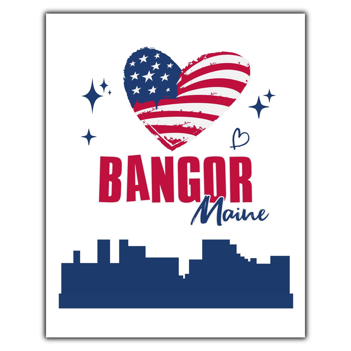 Bangor Maine Skyline American Flag Heart 4th of July 8"x10" Wall Art Print