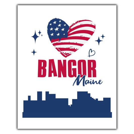 Bangor Maine Skyline American Flag Heart 4th of July 8"x10" Wall Art Print