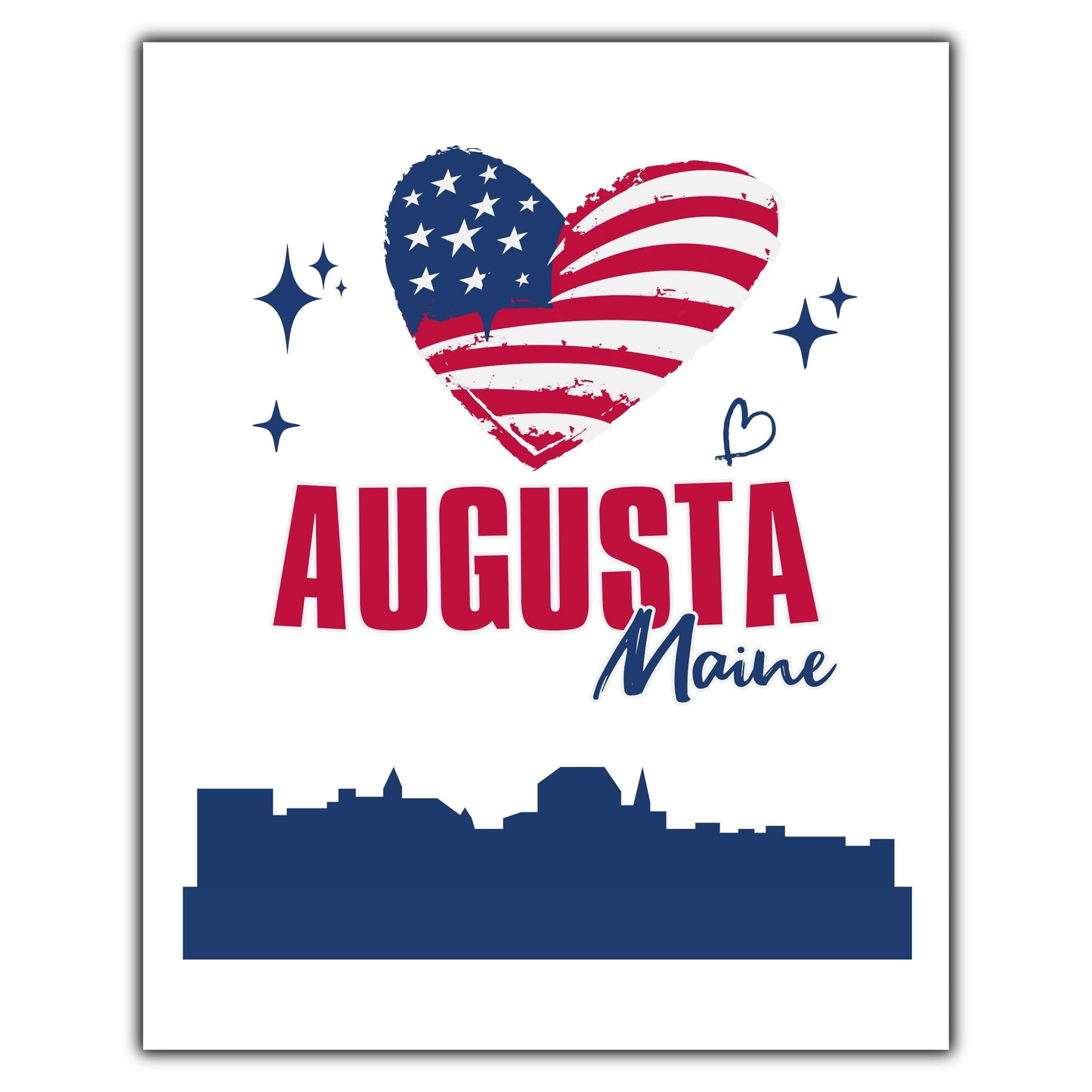 Augusta Maine Skyline American Flag Heart 4th of July 8"x10" Wall Art Print
