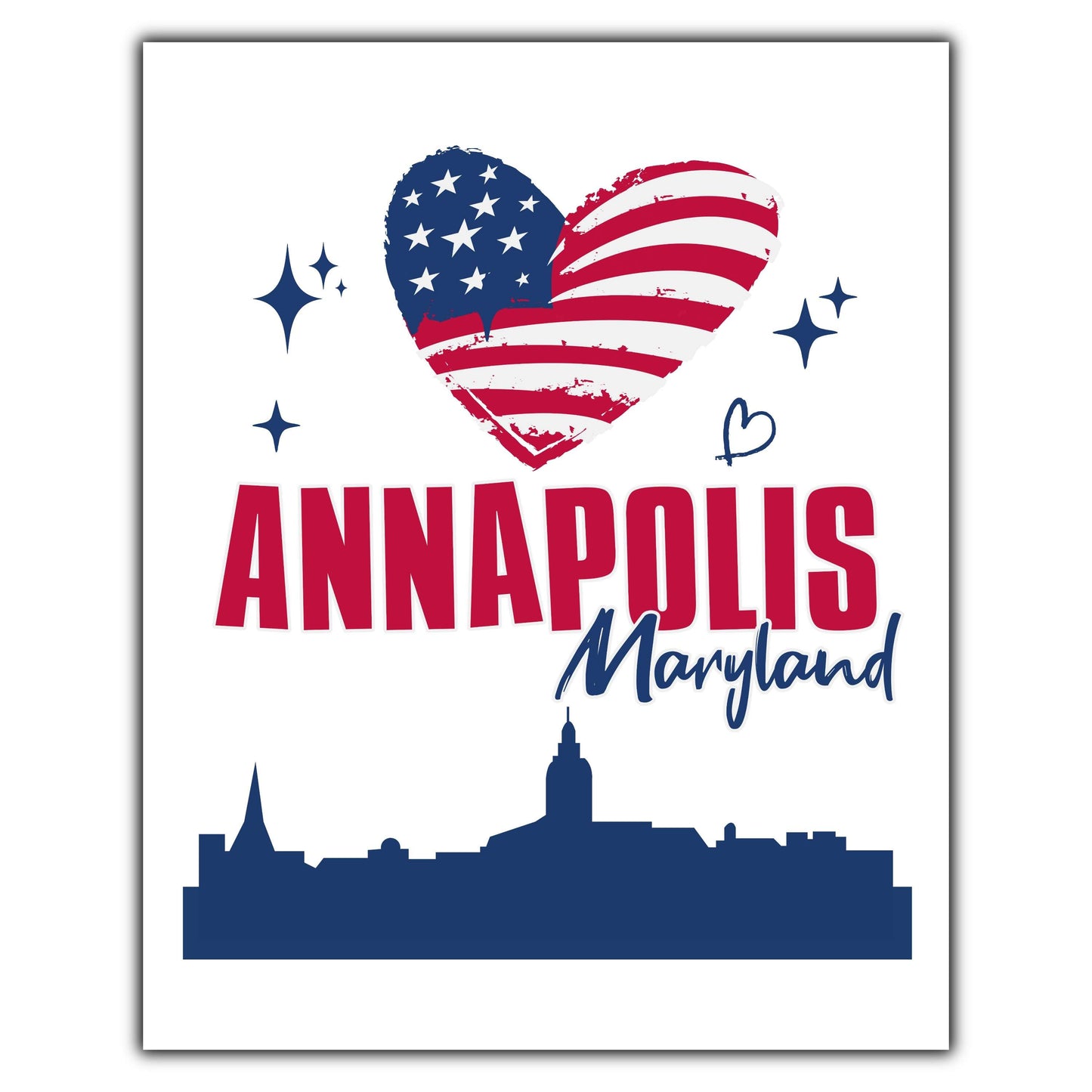 Annapolis Maryland Skyline American Flag Heart 4th of July 8"x10" Wall Art Print