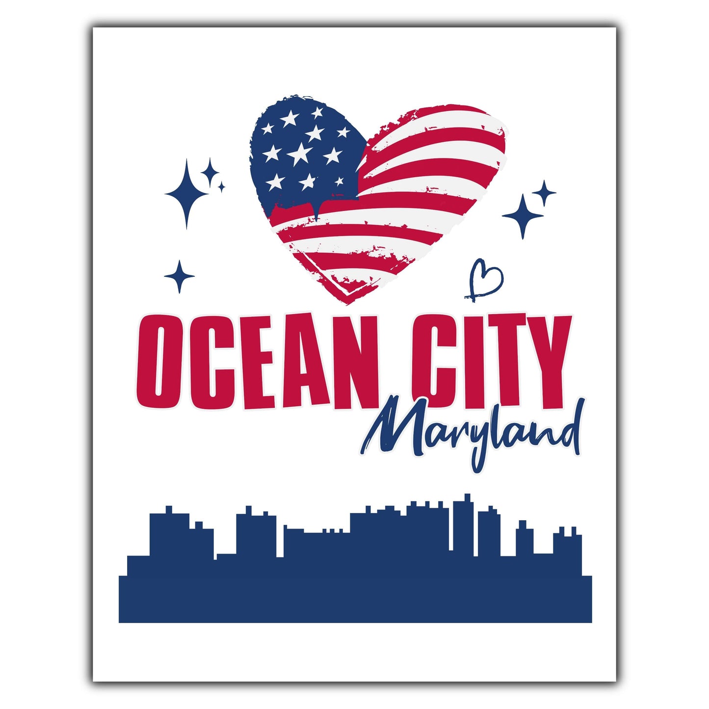 Ocean City Maryland Skyline American Flag Heart 4th of July 8"x10" Wall Art Print