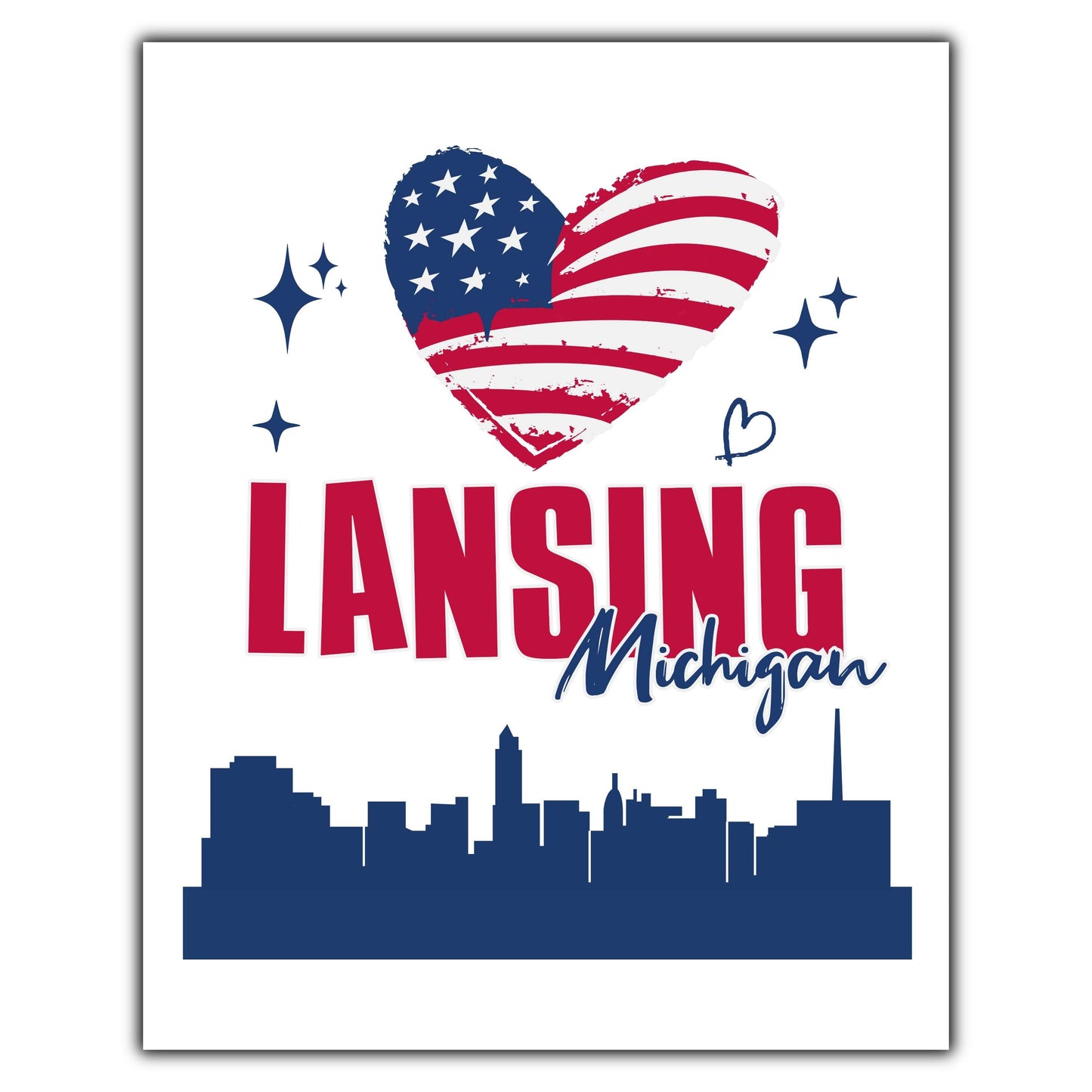 Lansing Michigan Skyline American Flag Heart 4th of July 8"x10" Wall Art Print