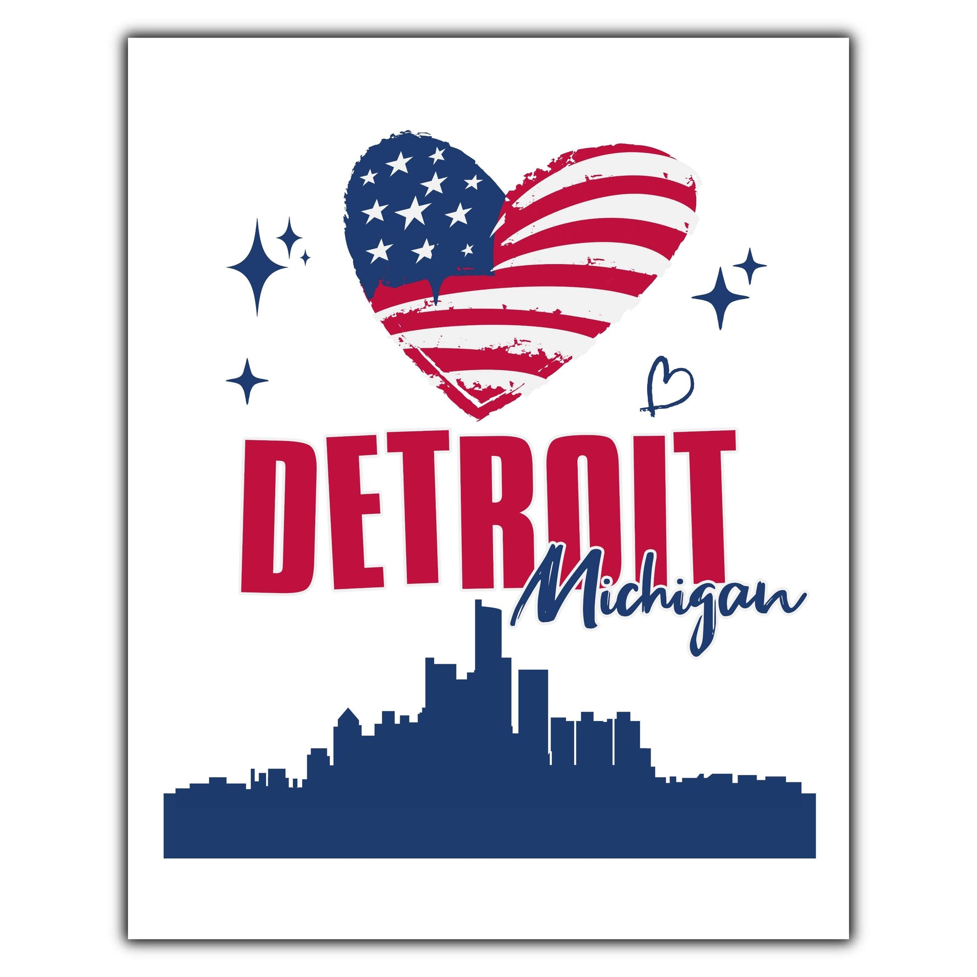 Detroit Michigan Skyline American Flag Heart 4th of July 8"x10" Wall Art Print