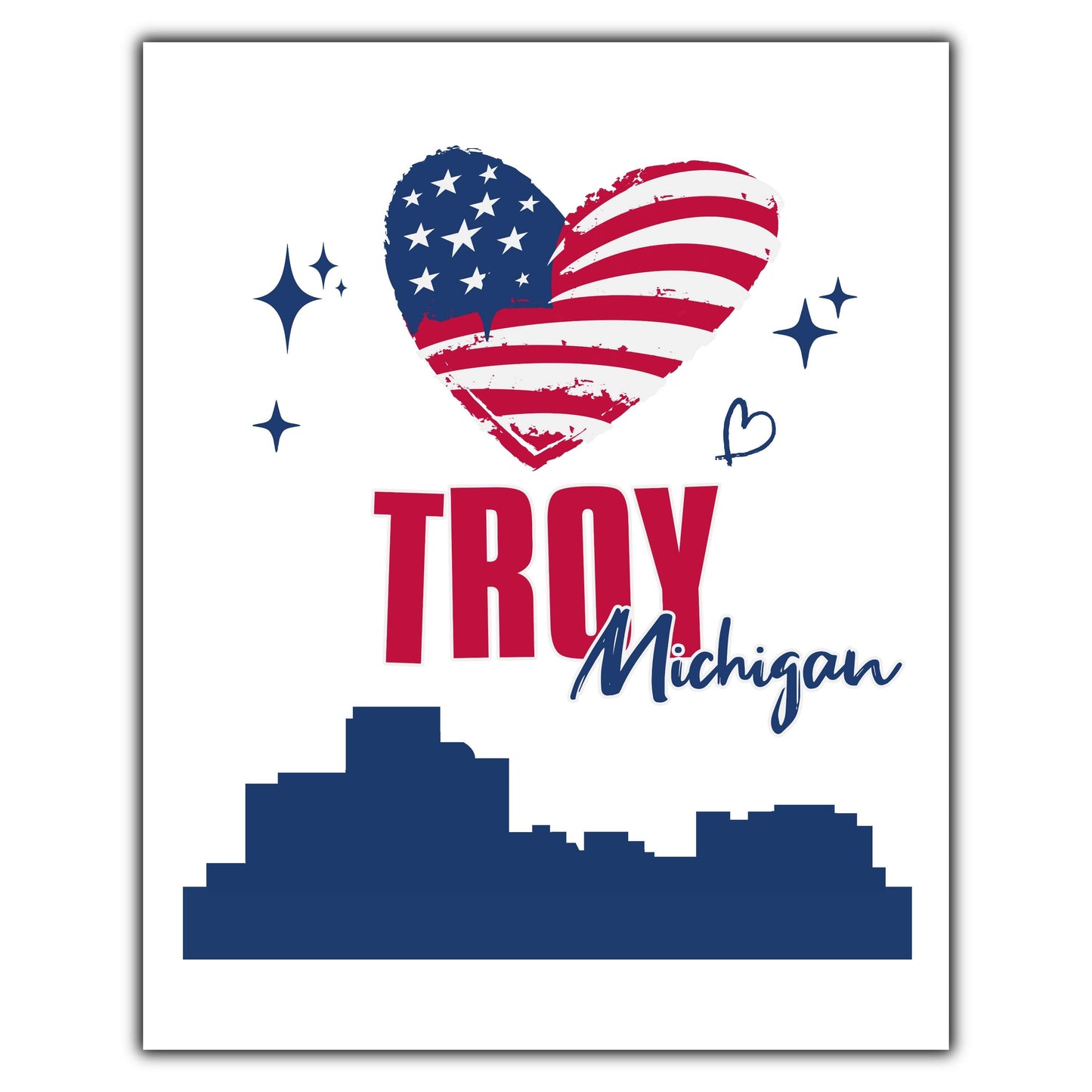 Troy Michigan Skyline American Flag Heart 4th of July 8"x10" Wall Art Print