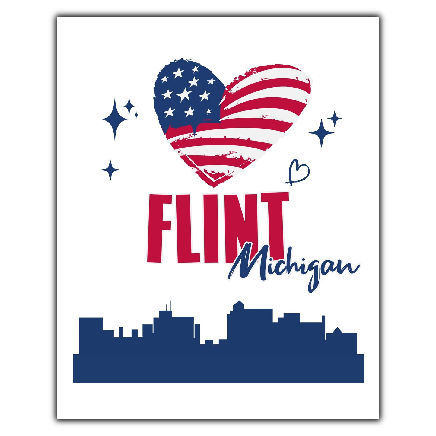 Flint Michigan Skyline American Flag Heart 4th of July 8"x10" Wall Art Print
