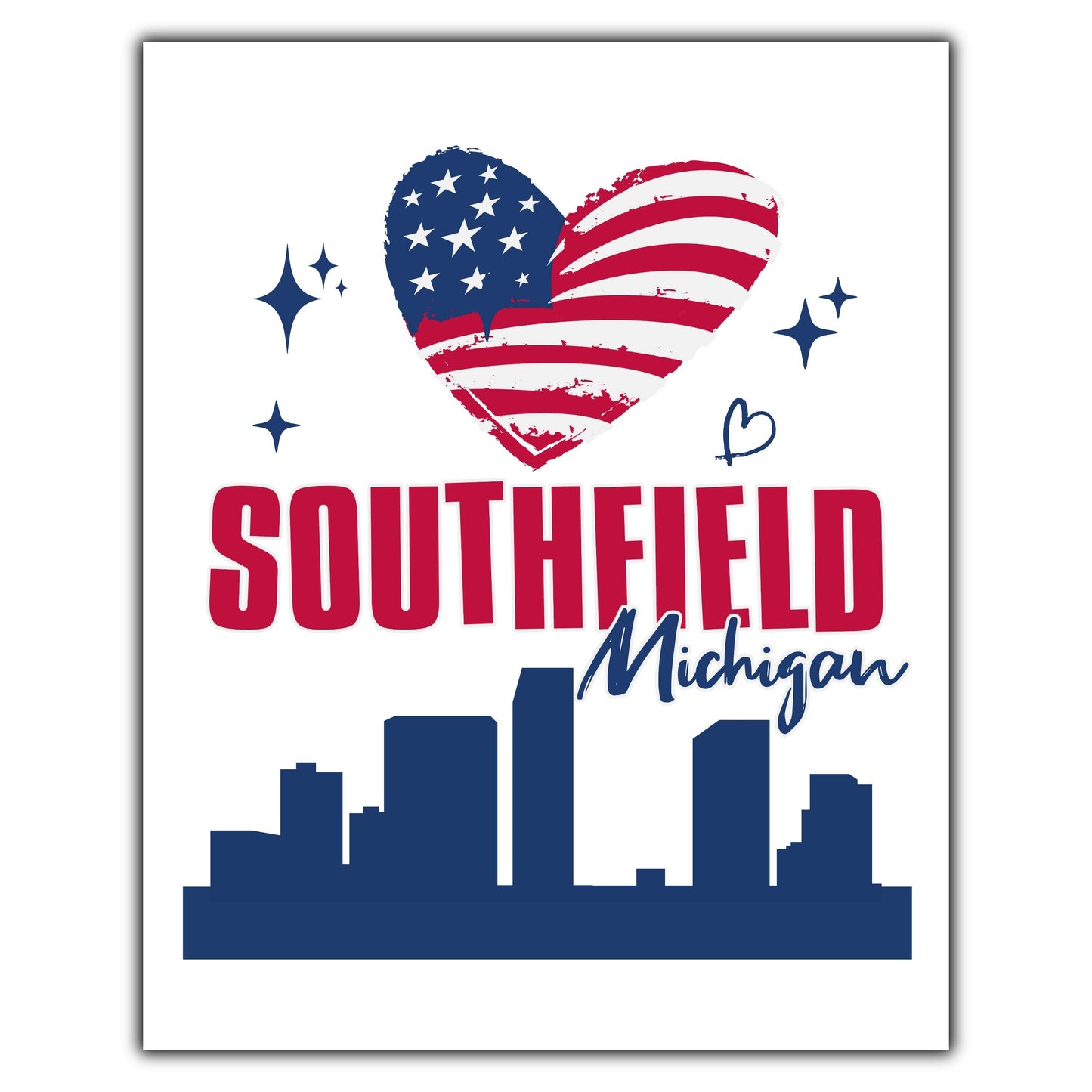 Southfield Michigan Skyline American Flag Heart 4th of July 8"x10" Wall Art Print