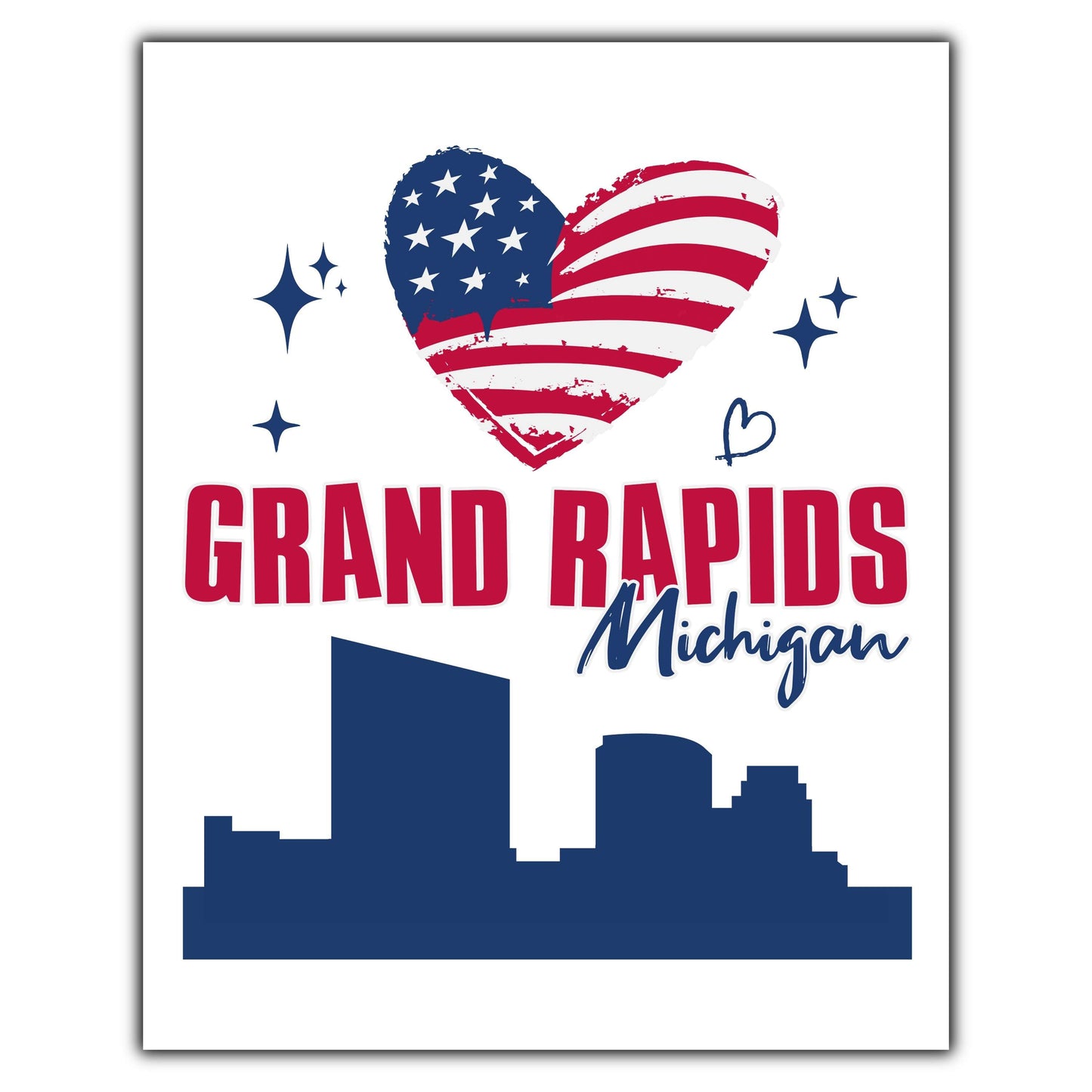 Grand Rapids Michigan Skyline American Flag Heart 4th of July 8"x10" Wall Art Print