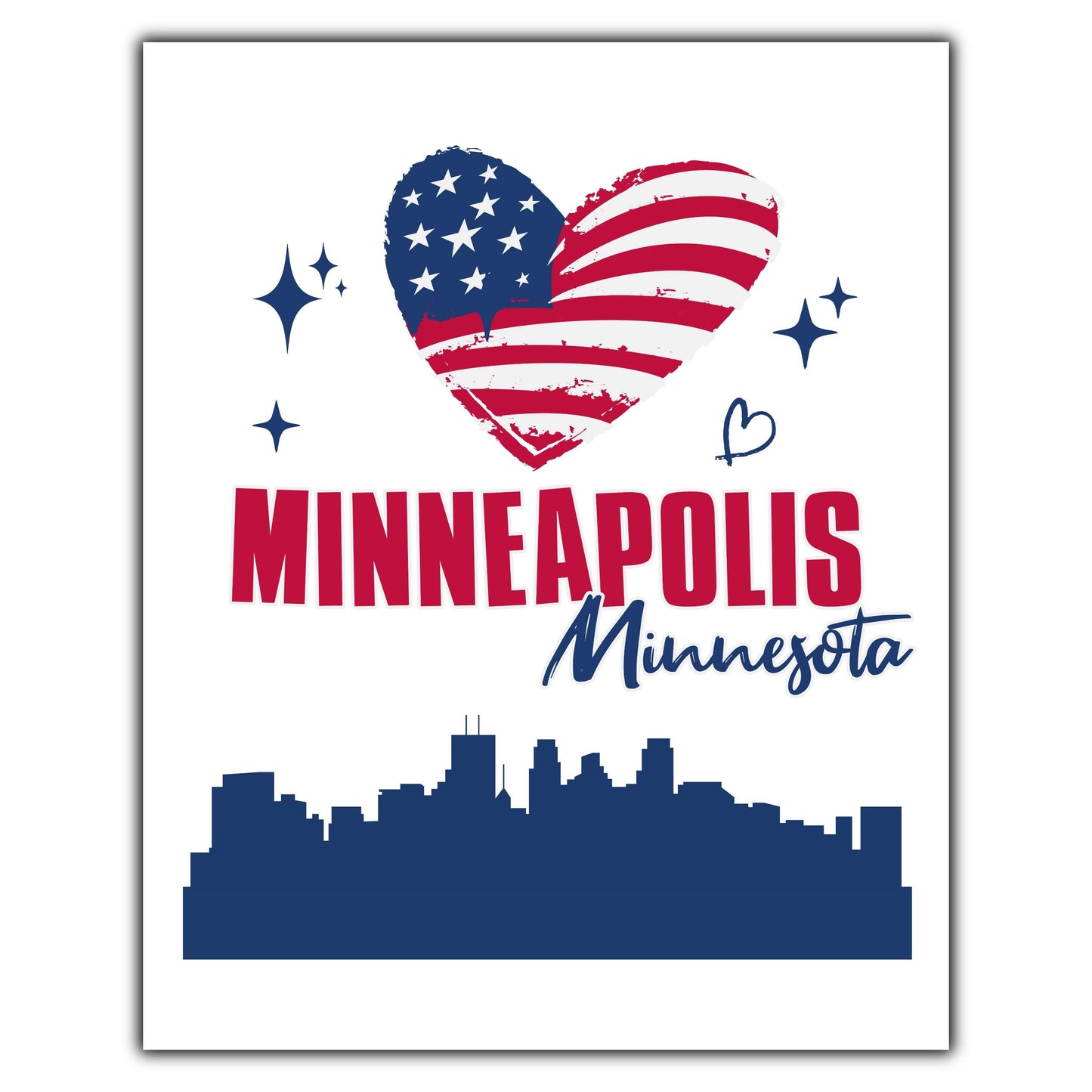 Minneapolis Minnesota Skyline American Flag Heart 4th of July 8"x10" Wall Art Print