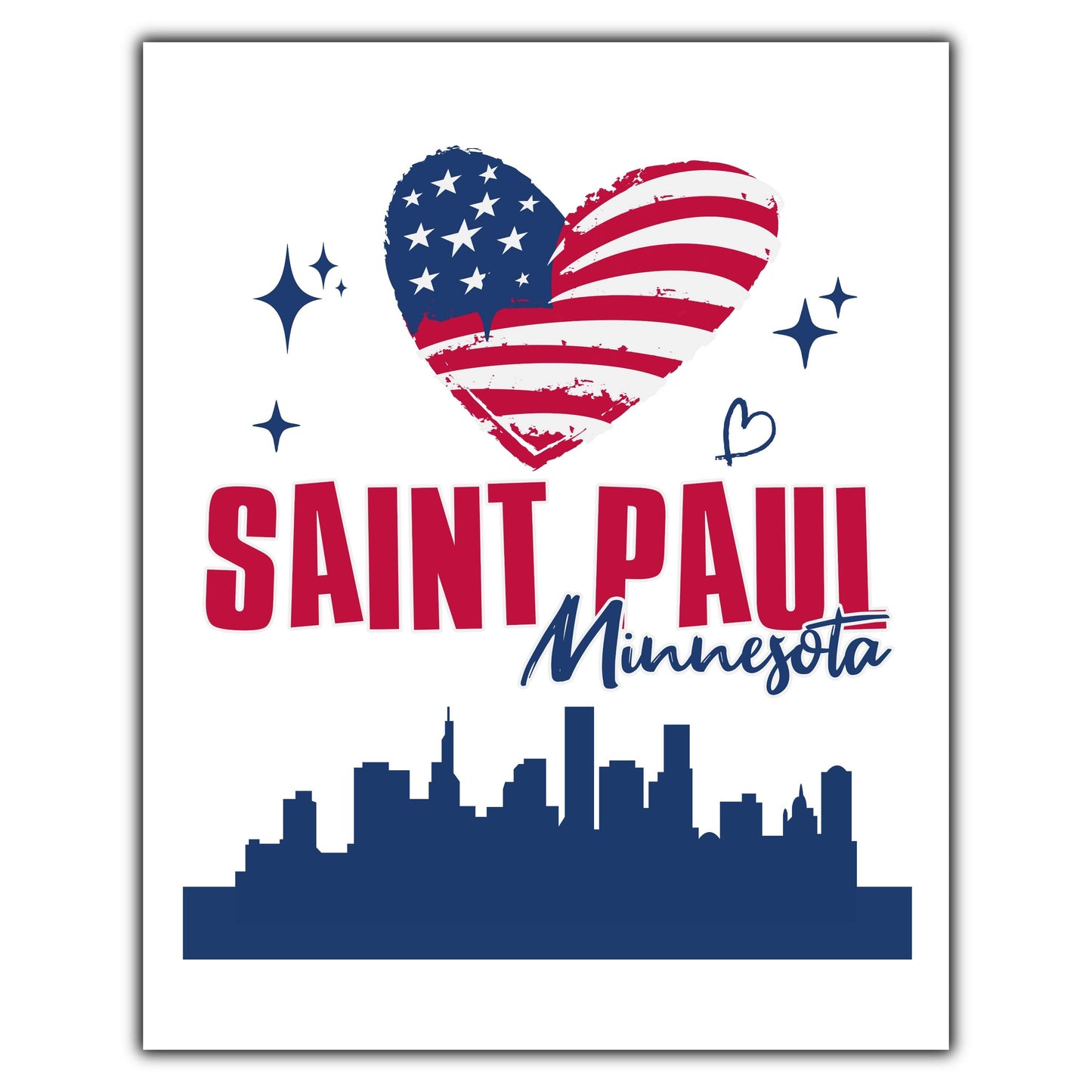 Saint Paul Minnesota Skyline American Flag Heart 4th of July 8"x10" Wall Art Print