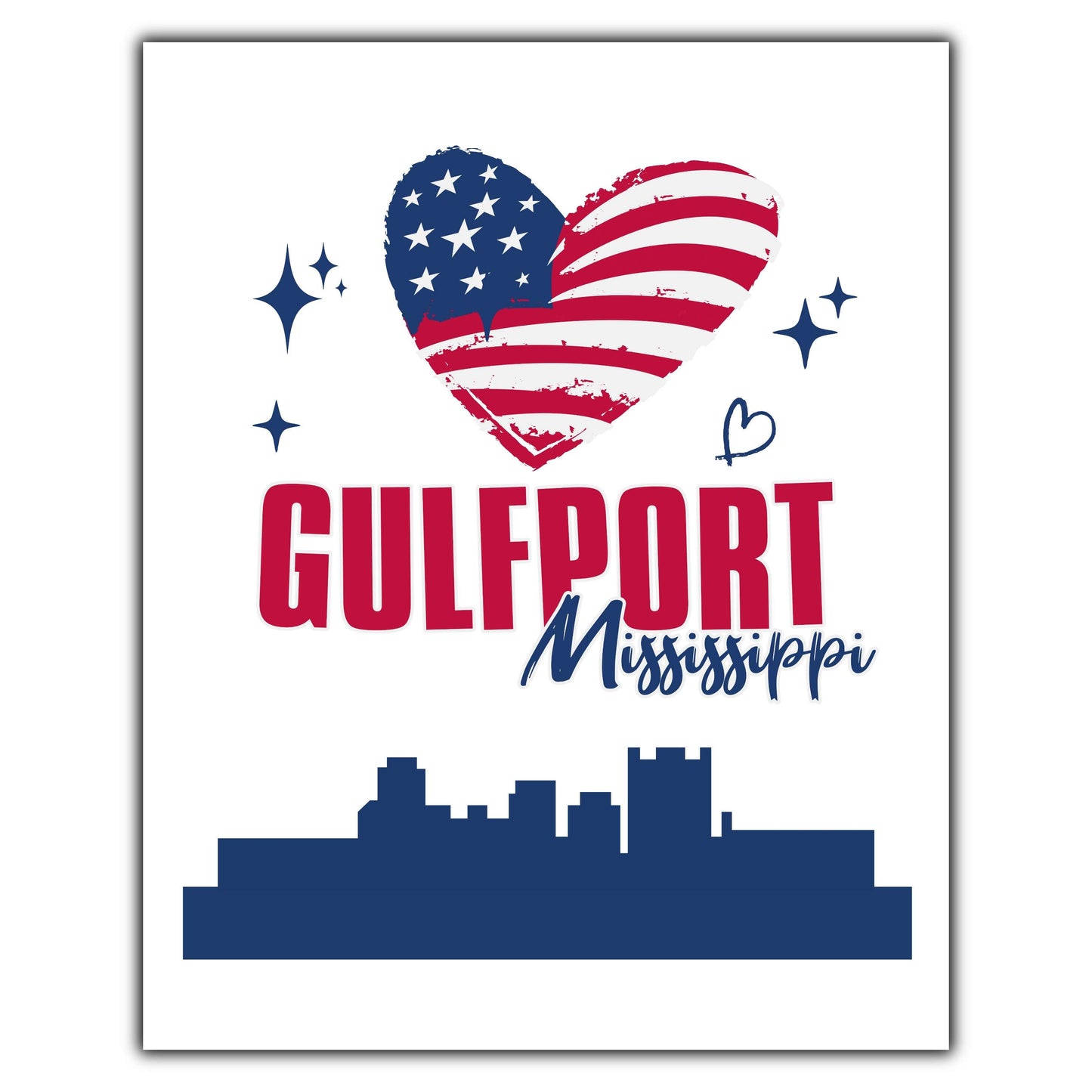 Gulfport Mississippi Skyline American Flag Heart 4th of July 8"x10" Wall Art Print