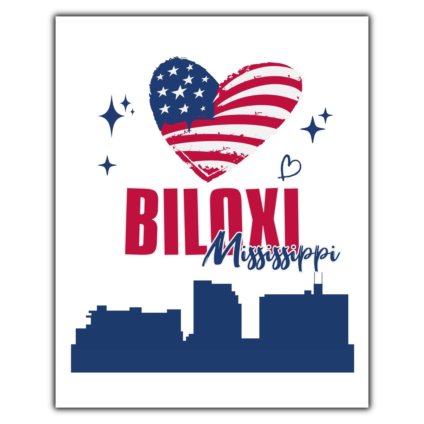 Biloxi Mississippi Skyline American Flag Heart 4th of July 8"x10" Wall Art Print