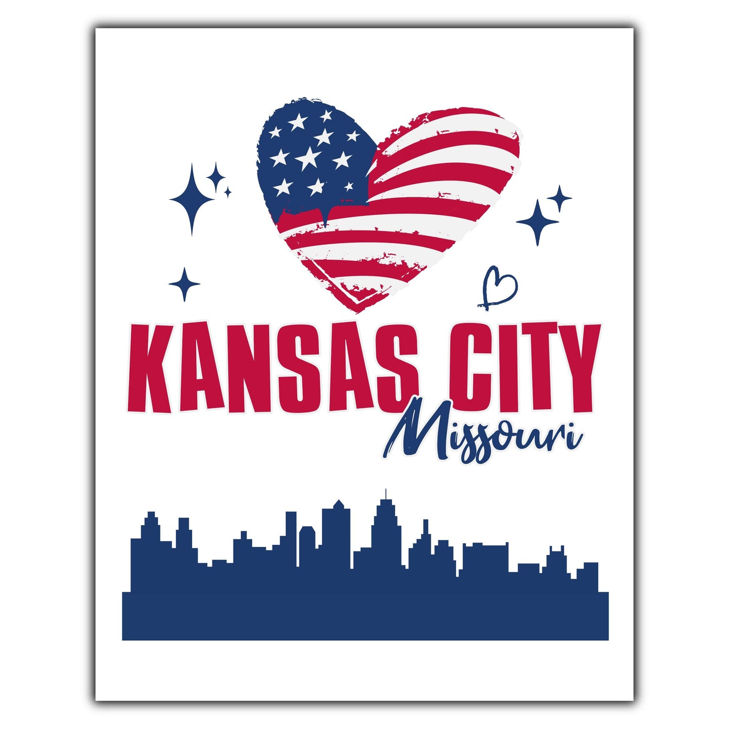 Kansas City Missouri Skyline American Flag Heart 4th of July 8"x10" Wall Art Print
