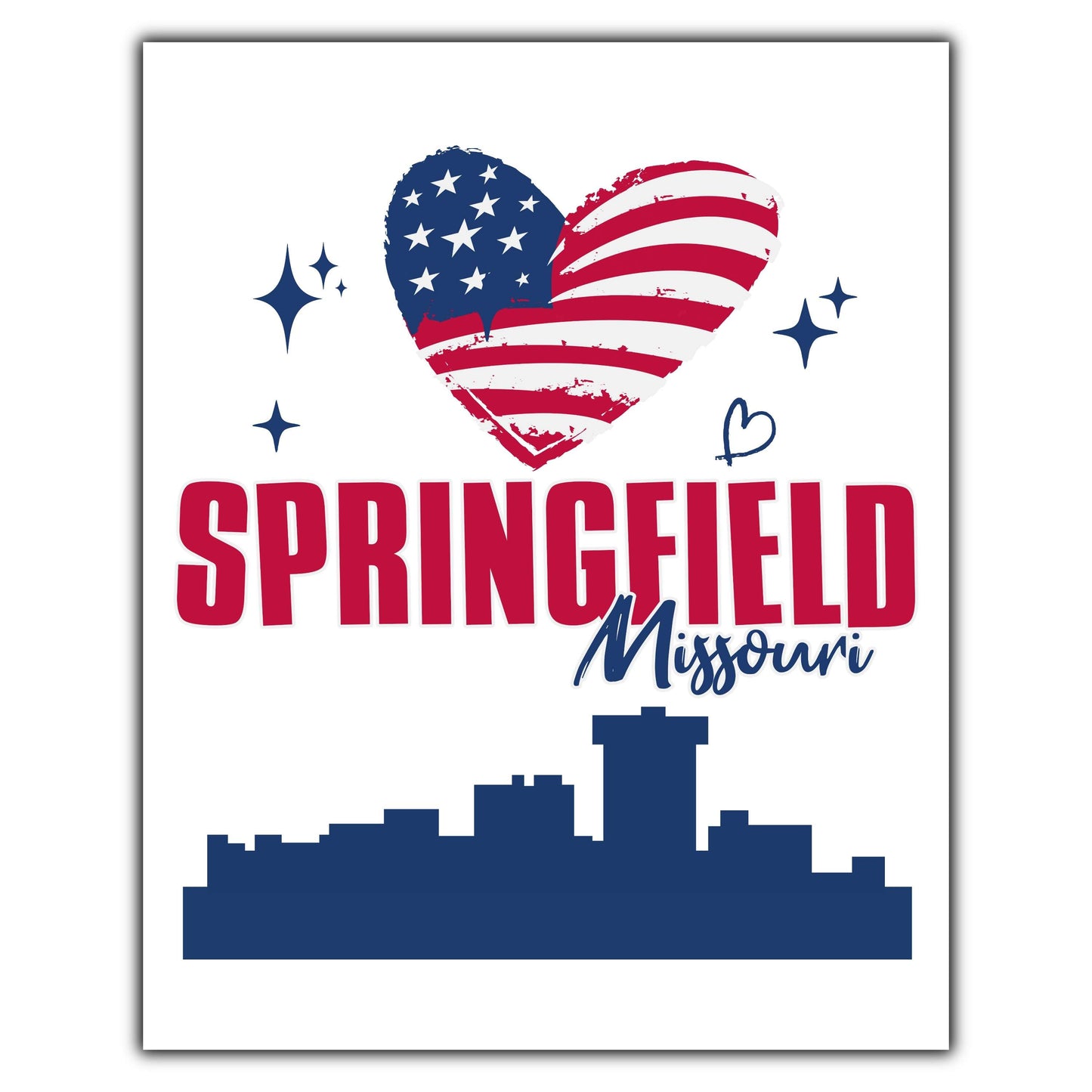 Springfield Missouri Skyline American Flag Heart 4th of July 8"x10" Wall Art Print