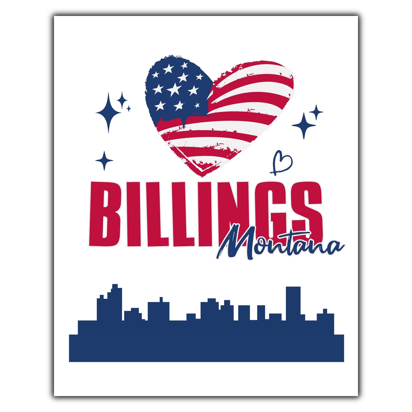Billings Montana Skyline American Flag Heart 4th of July 8"x10" Wall Art Print