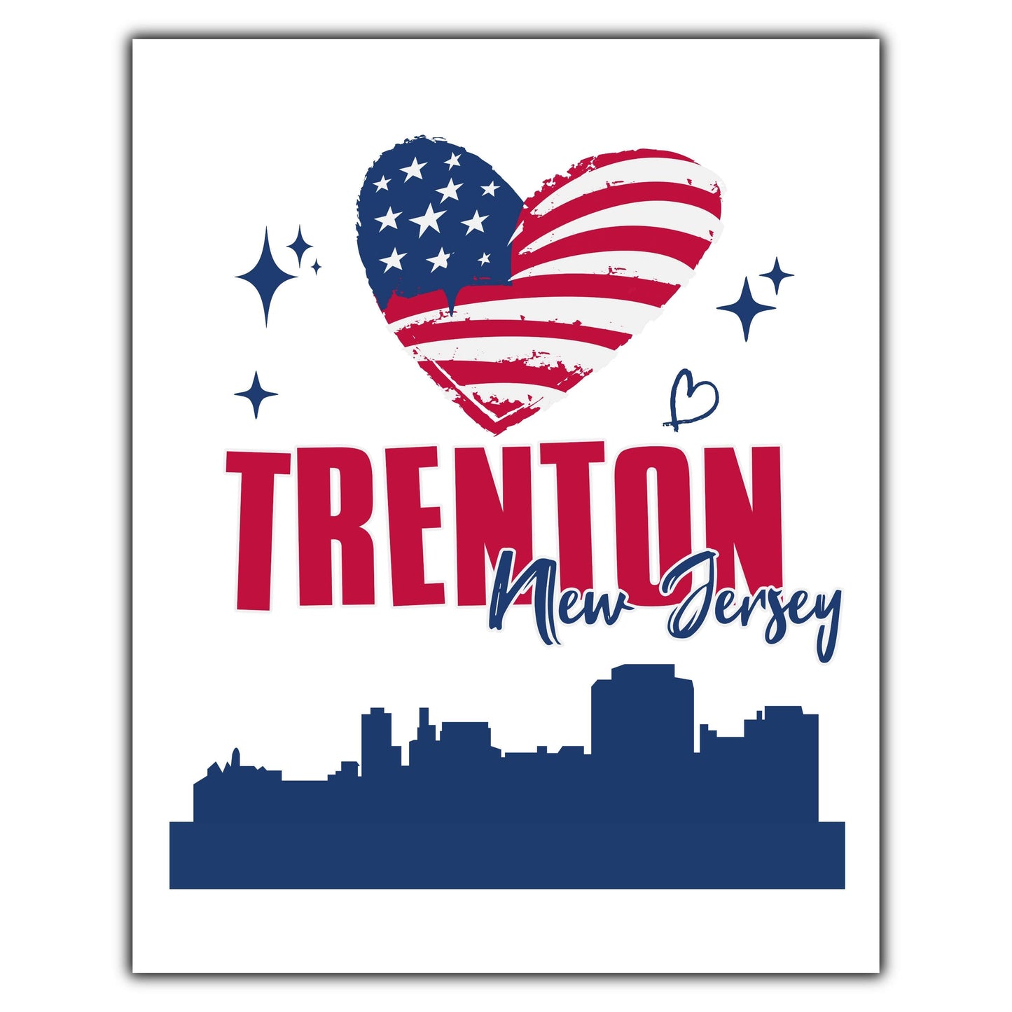 Trenton New Jersey Skyline American Flag Heart 4th of July 8"x10" Wall Art Print