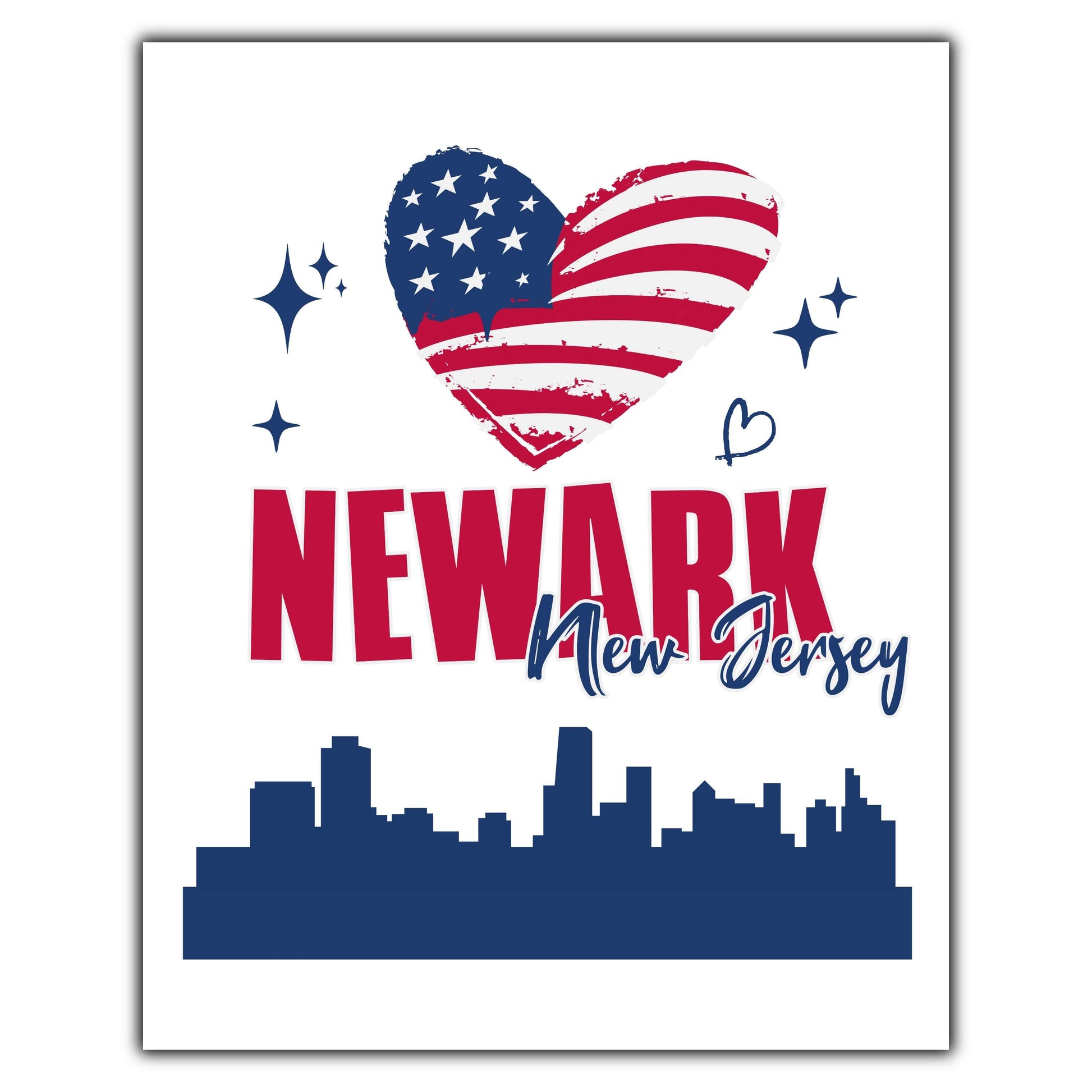 Newark New Jersey Skyline American Flag Heart 4th of July 8"x10" Wall Art Print